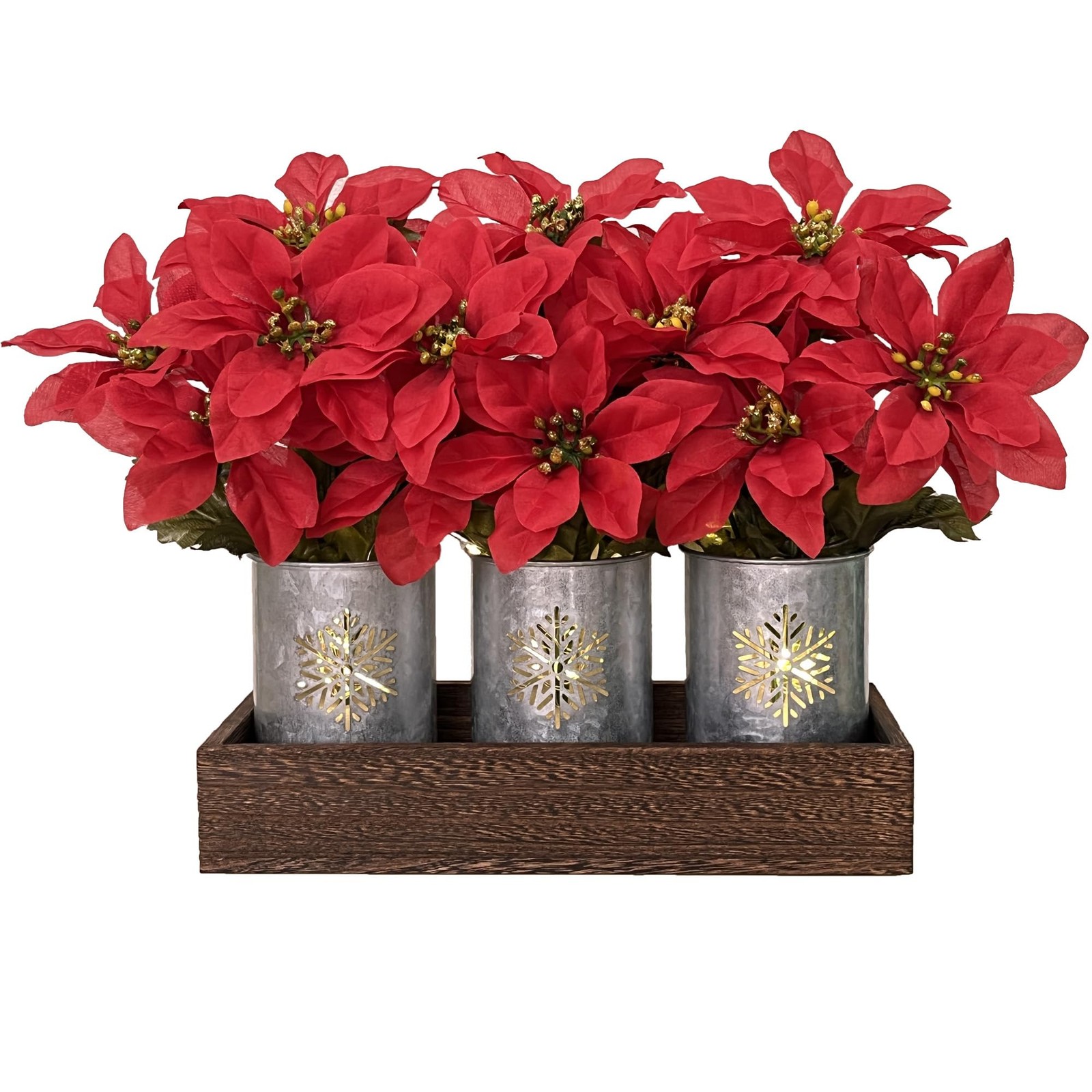 Poinsettias Artificial Christmas Flowers with LED Lights, Red Xmas Table Cent…