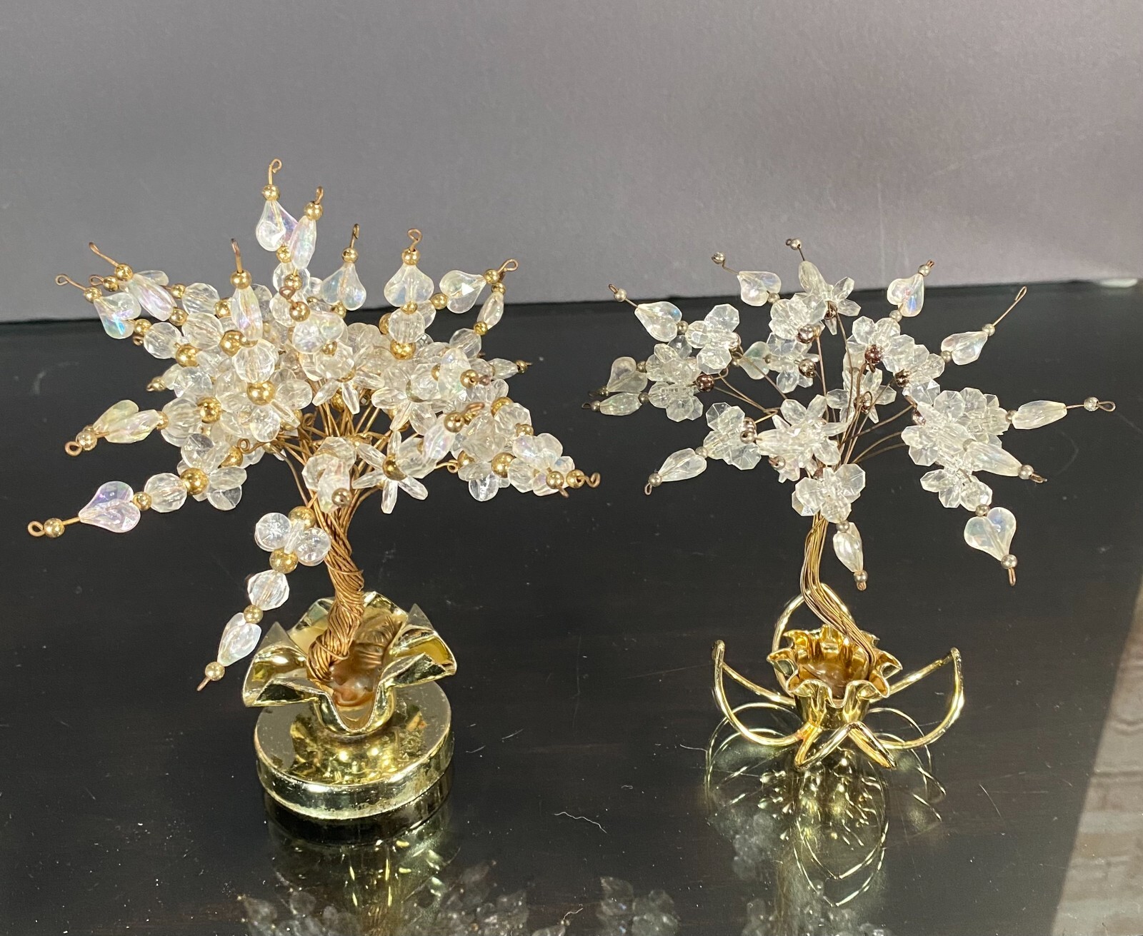 Vintage Twisted Wire Acrylic Beads Hearts Bonsai Money Luck Trees in Brass Pots
