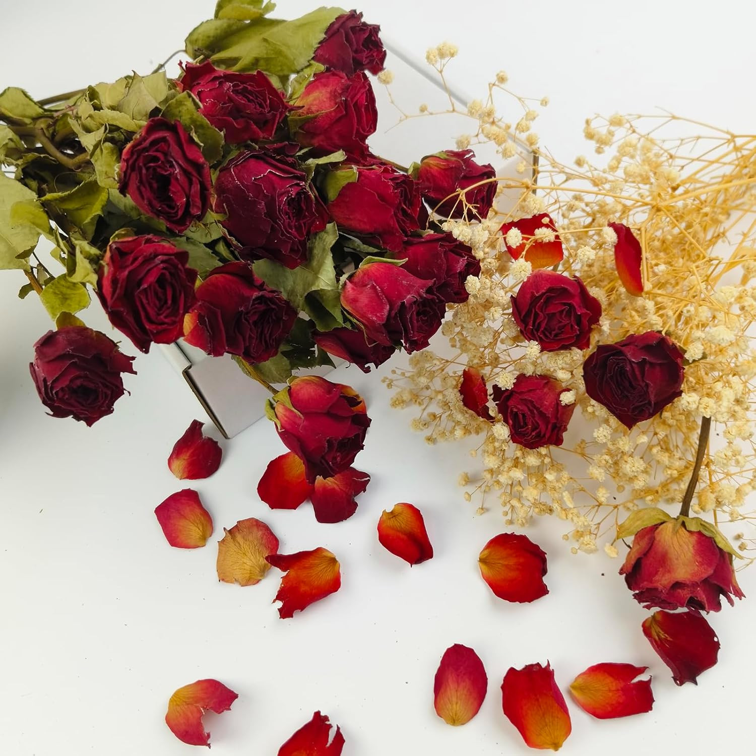 Natural Dried Flowers Bouquet, 10 Pcs Red Dried Roses Bouquet for Wedding Decora