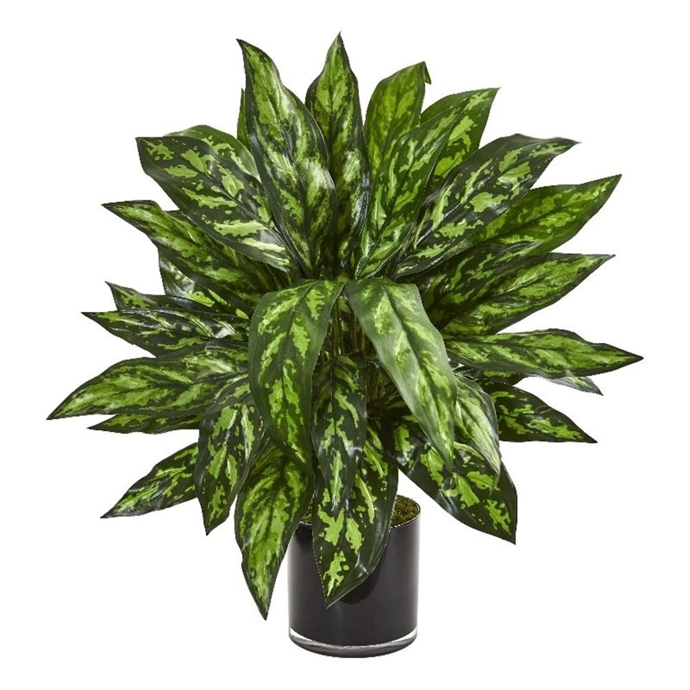Nearly Natural Silver King Artificial Plant in Black Glass Vase in Green