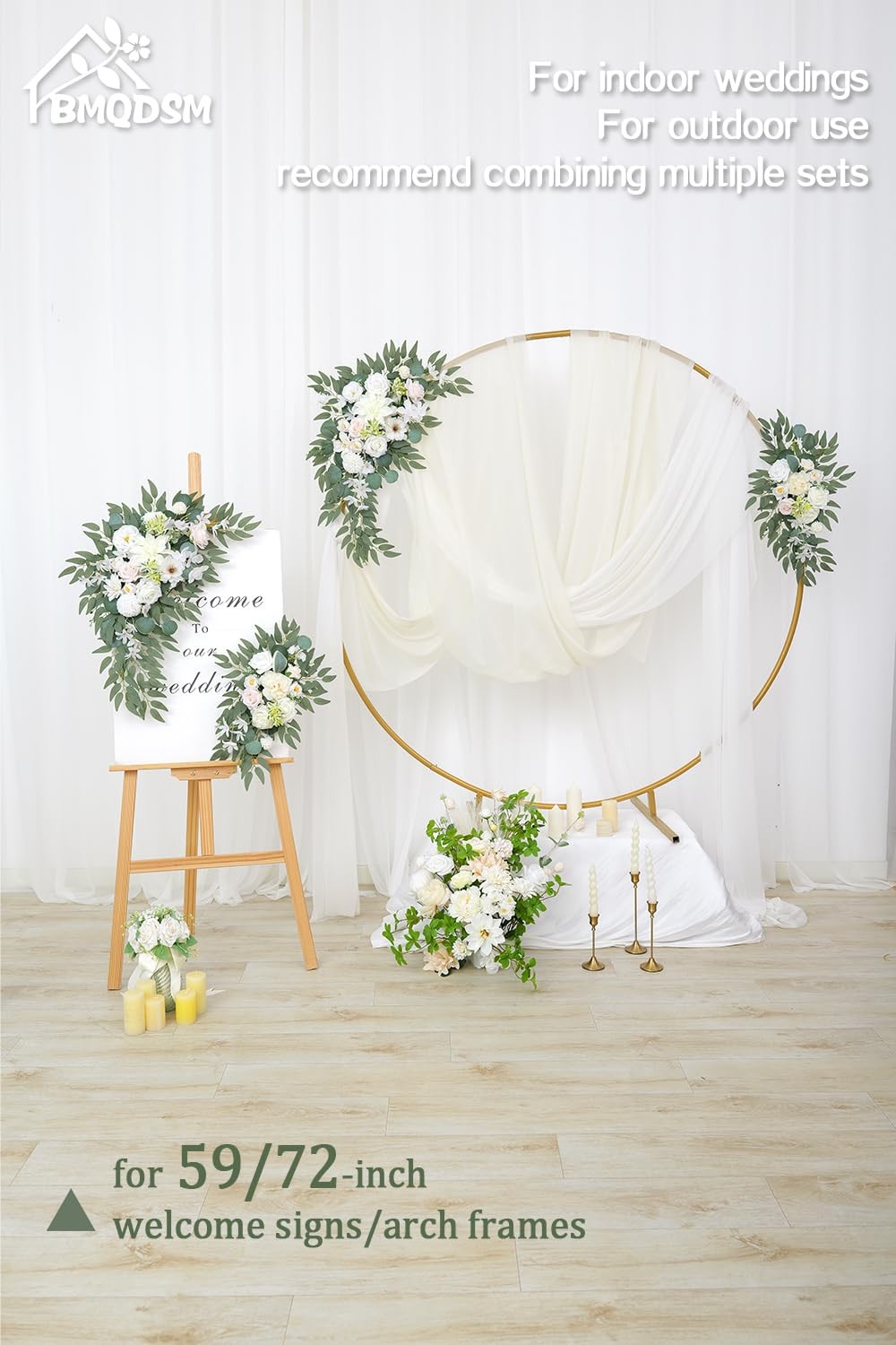 2 PCS Wedding Arch Faux Flowers Set Welcome Sign Decor Ceremony Backdrop White