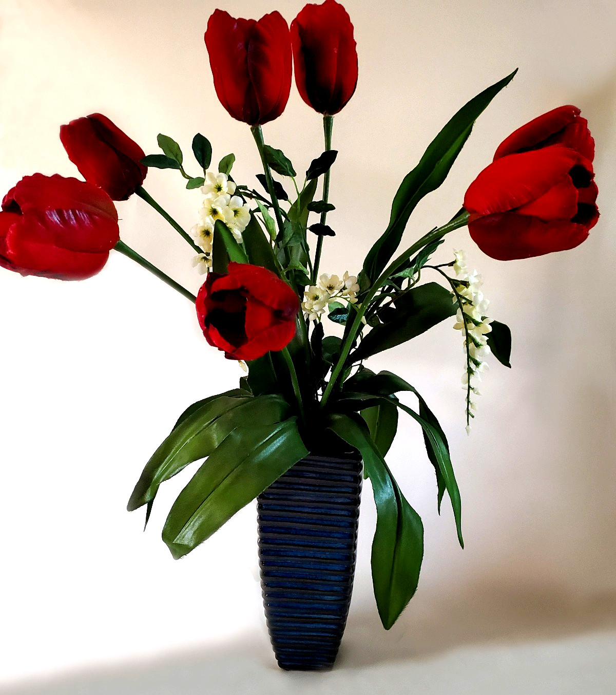 23″ Red Tulips Silk Floral Arrangement Blue Ceramic Vase Table Centerpiece