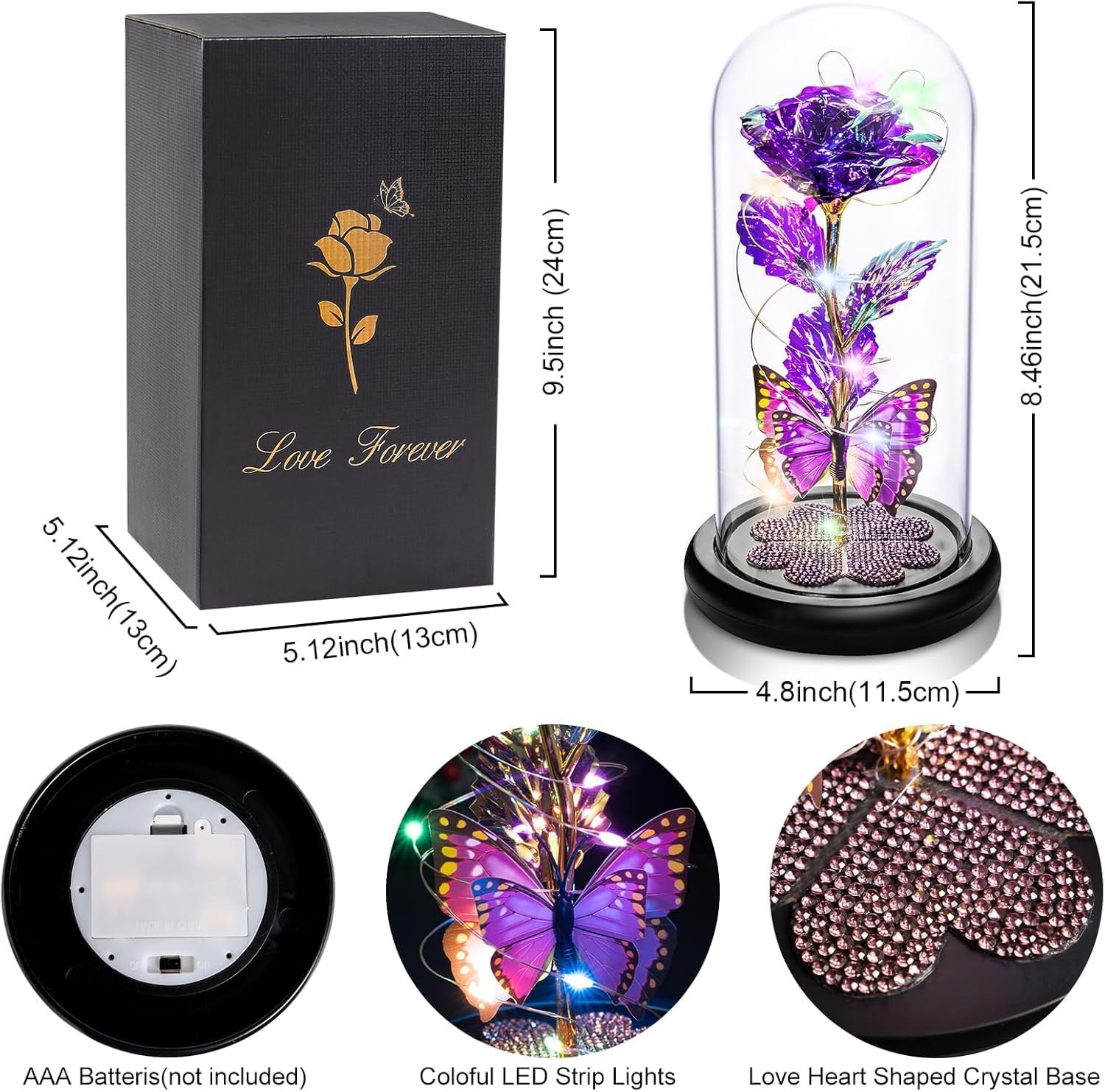 Crystal Flower Light Up Rose in Glass Dome with Butterfly | Valentine Gifts