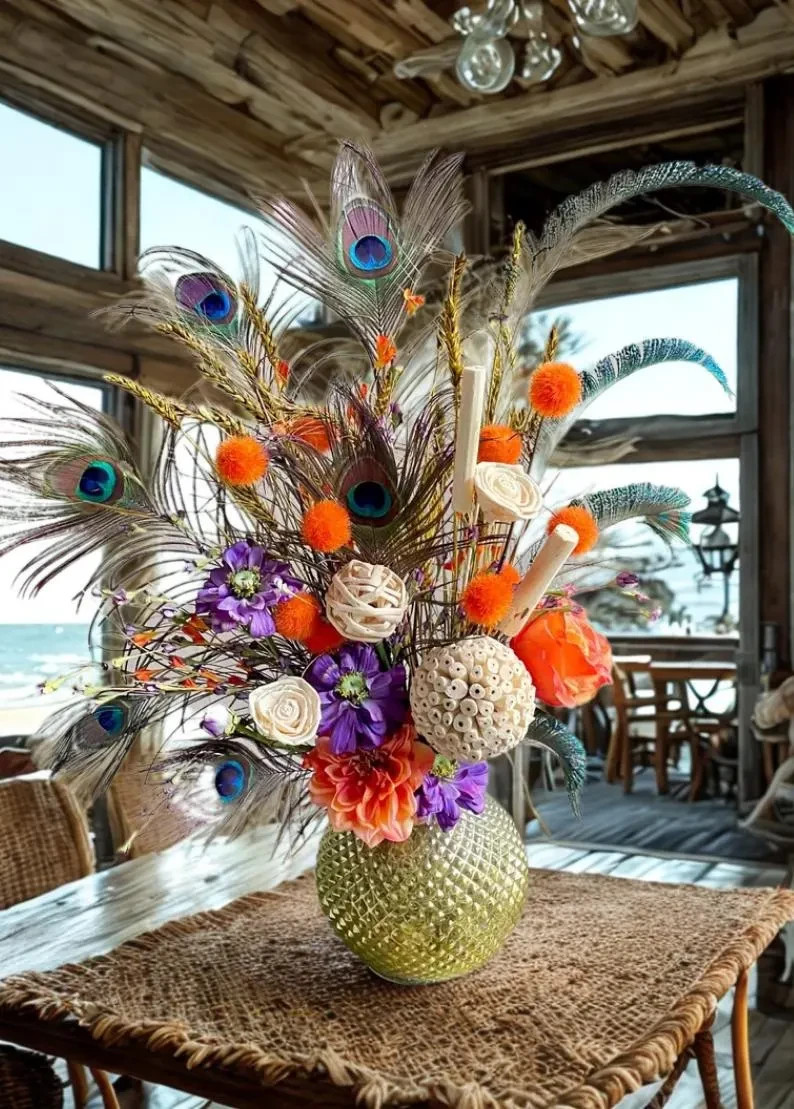 Peacock Centerpiece: Earthy Floral Arrangement, Cute Purple & Orange Room Decor
