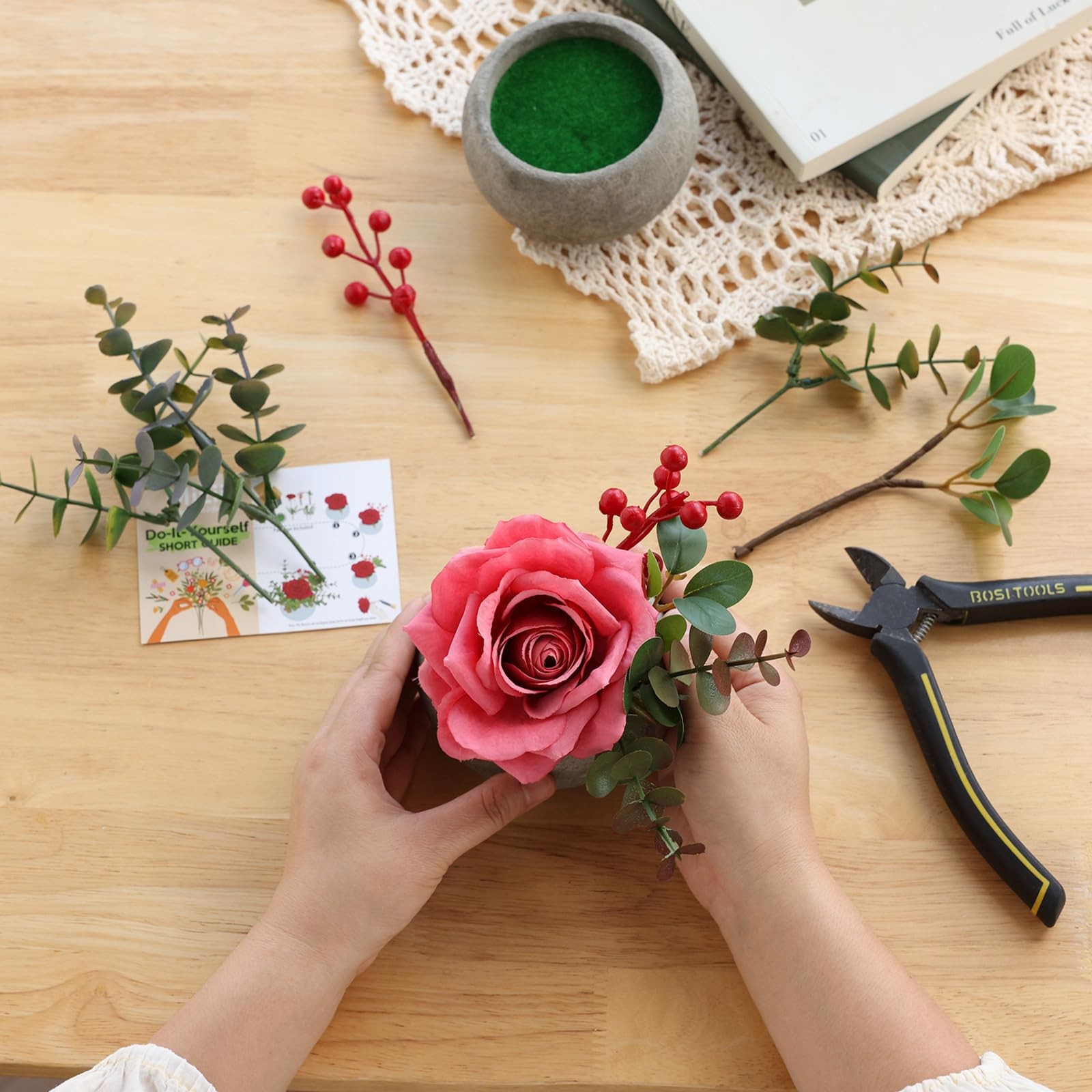 Pink DIY Small Artificial Flowers Potted Kit Realistic Silk Rose Vase Desk