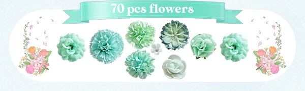 70 pcs Mini Artificial Flowers Heads Mint Green Silk Peony Daisy Rose Bulk Mix