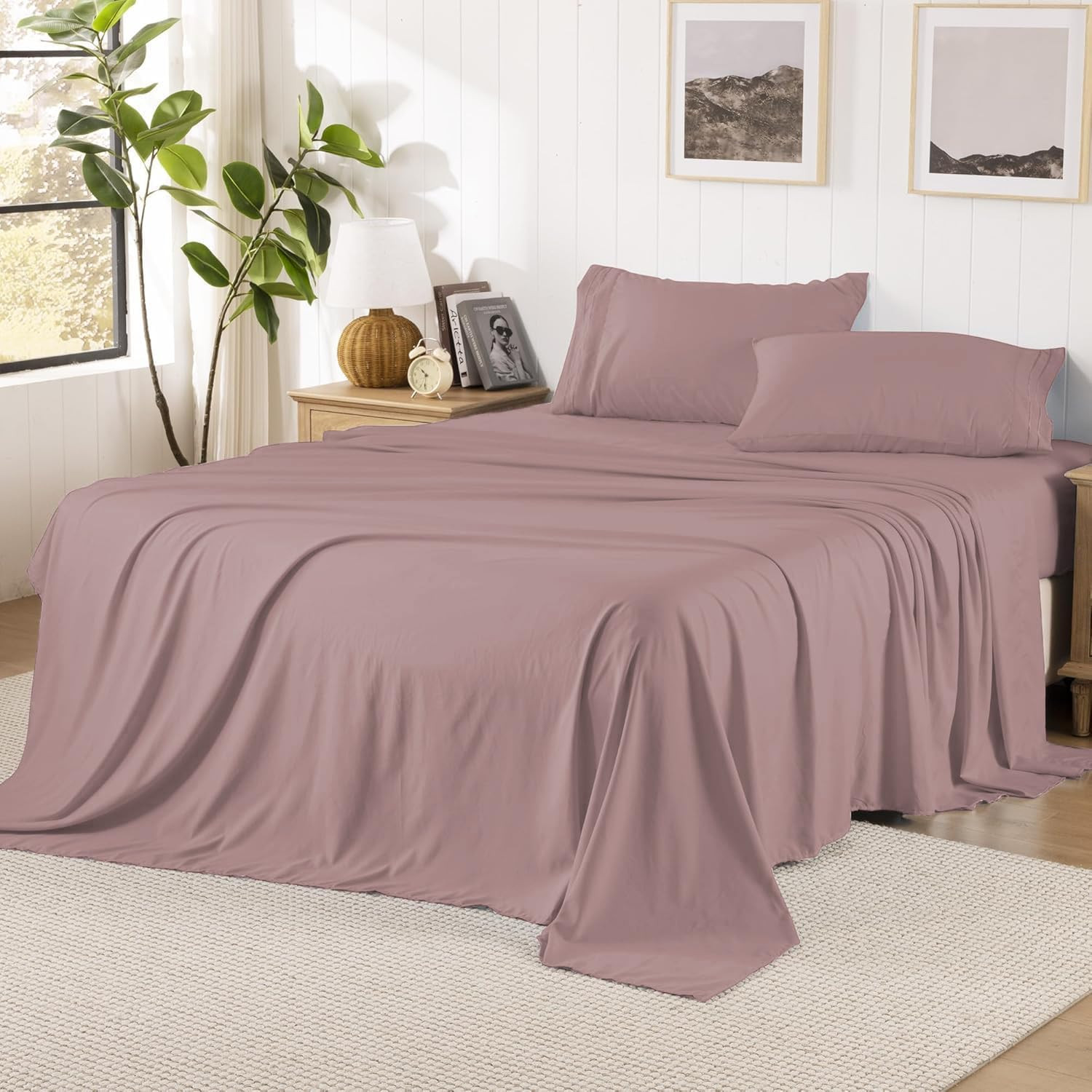 Queen Sheet Set, Pre-Washed Cotton-Like Brushed Microfiber, 4 Pcs Super Soft Bre