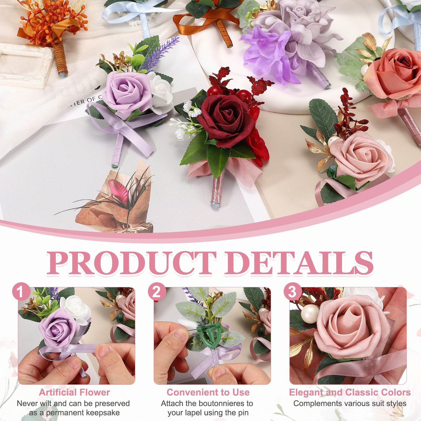 Mens Boutonnieres for Weddings, 6 Pcs Rose Boutonnieres, Burgundy/Gray Pink