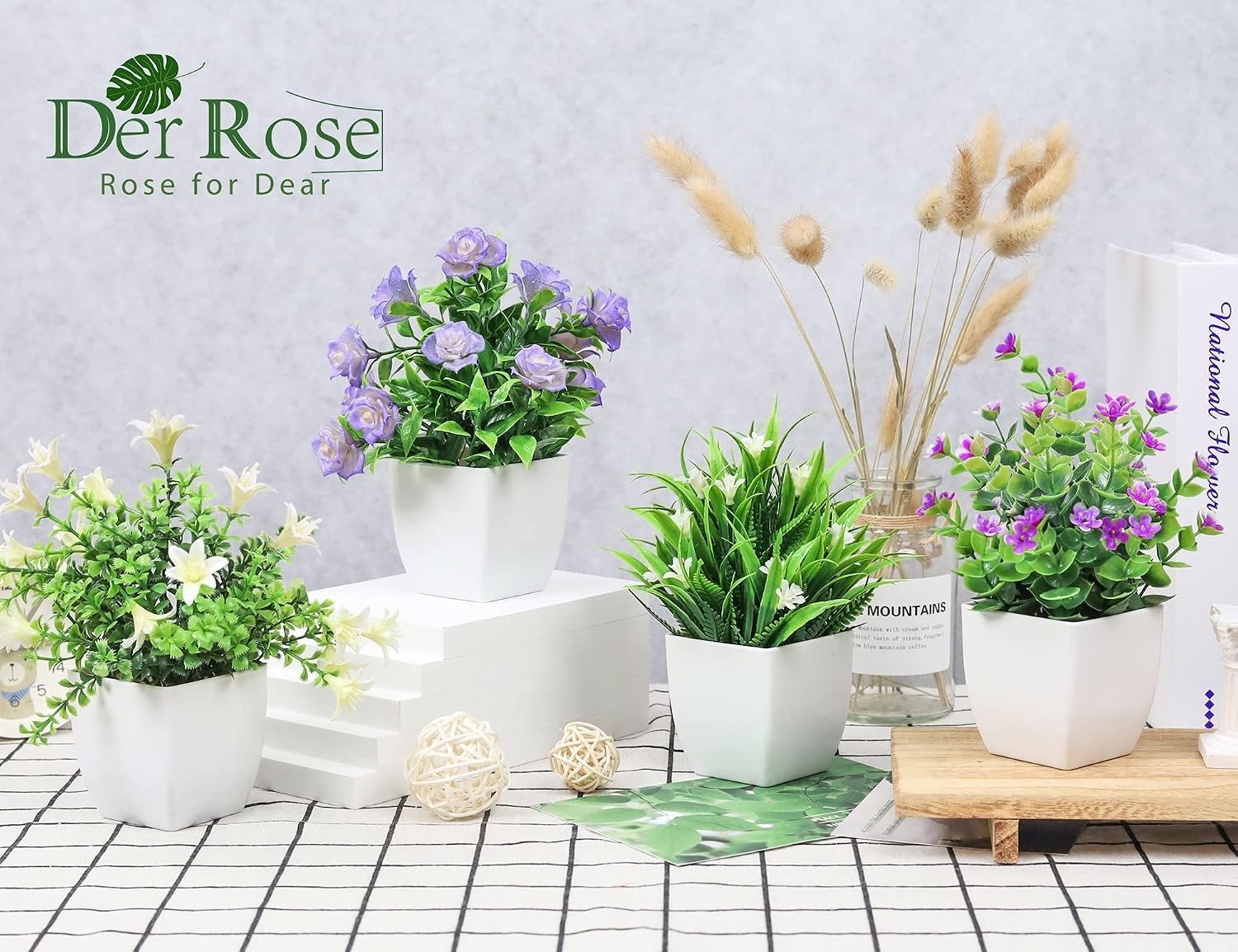 4 Pack Small Fake Plants Mini Artificial Faux Plants Indoor with Flowers Spring