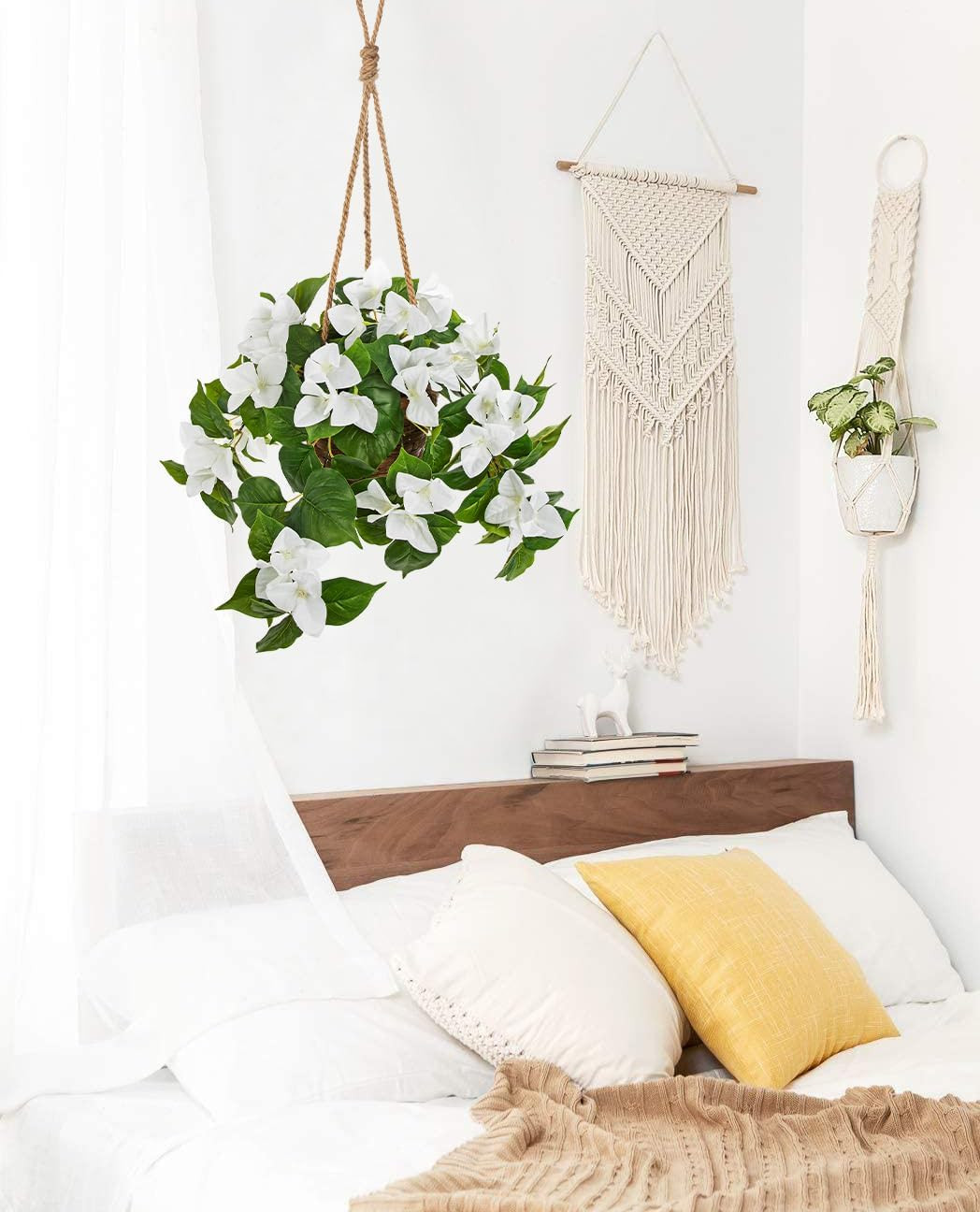 Faux Bougainvillea Hanging Basket – 27.5″ White Flowers in Rattan Planter