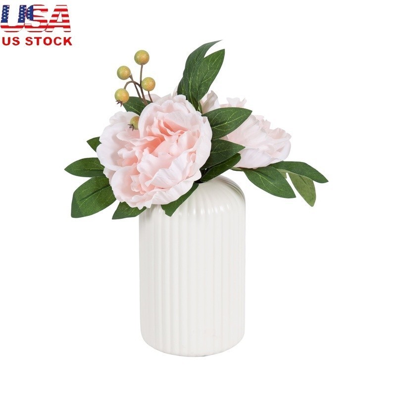 Artificial White Peony Floral Arrangement in Black Vase Home Decor Accent New