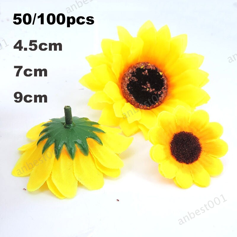 50pcs Mini Artificial Flower Silk Sunflower Head Gift Box Yellow Daisy Head