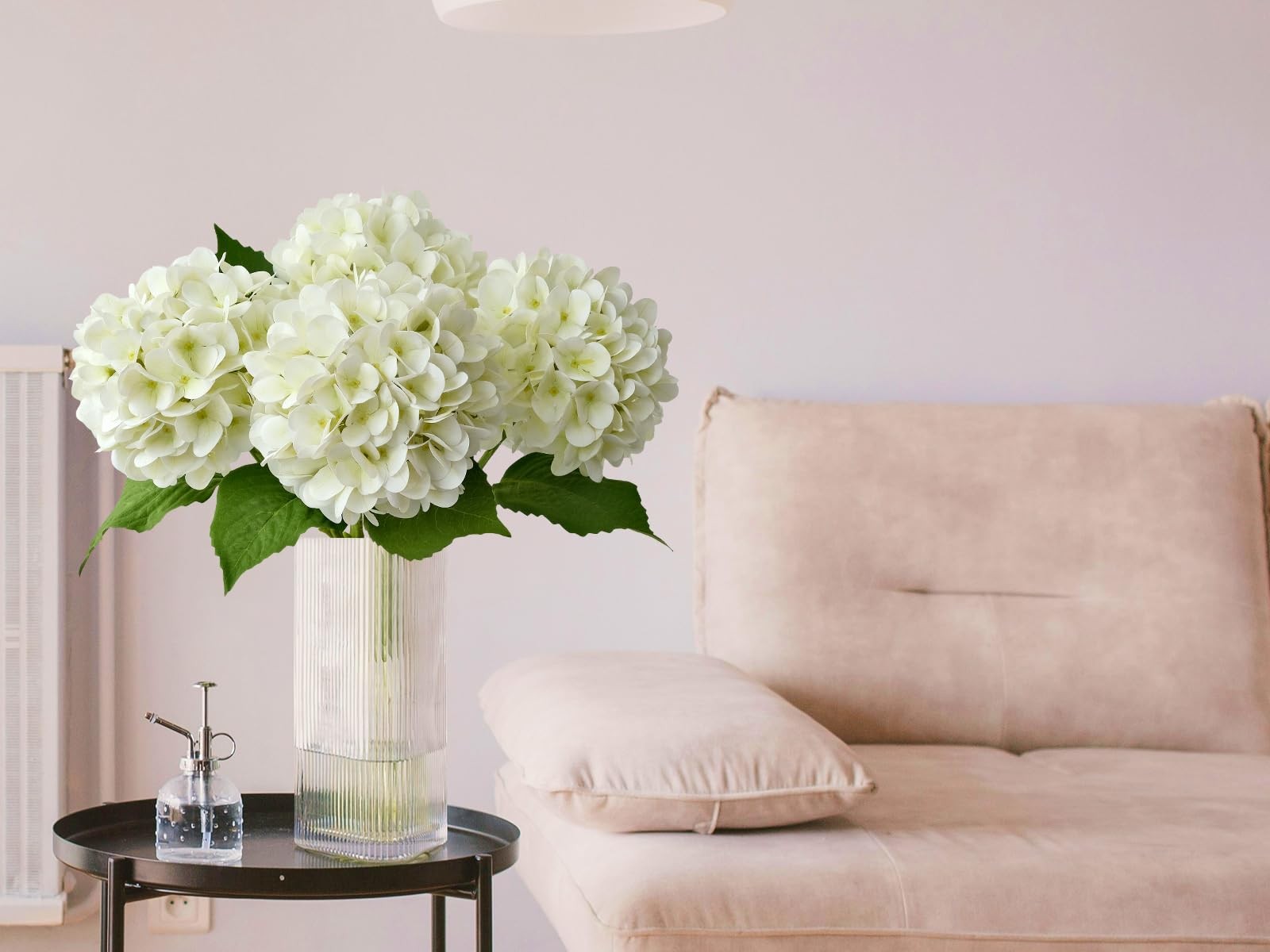 White Silk Hydrangea Artificial Flowers Large Heads With Long Stems Green Leaves