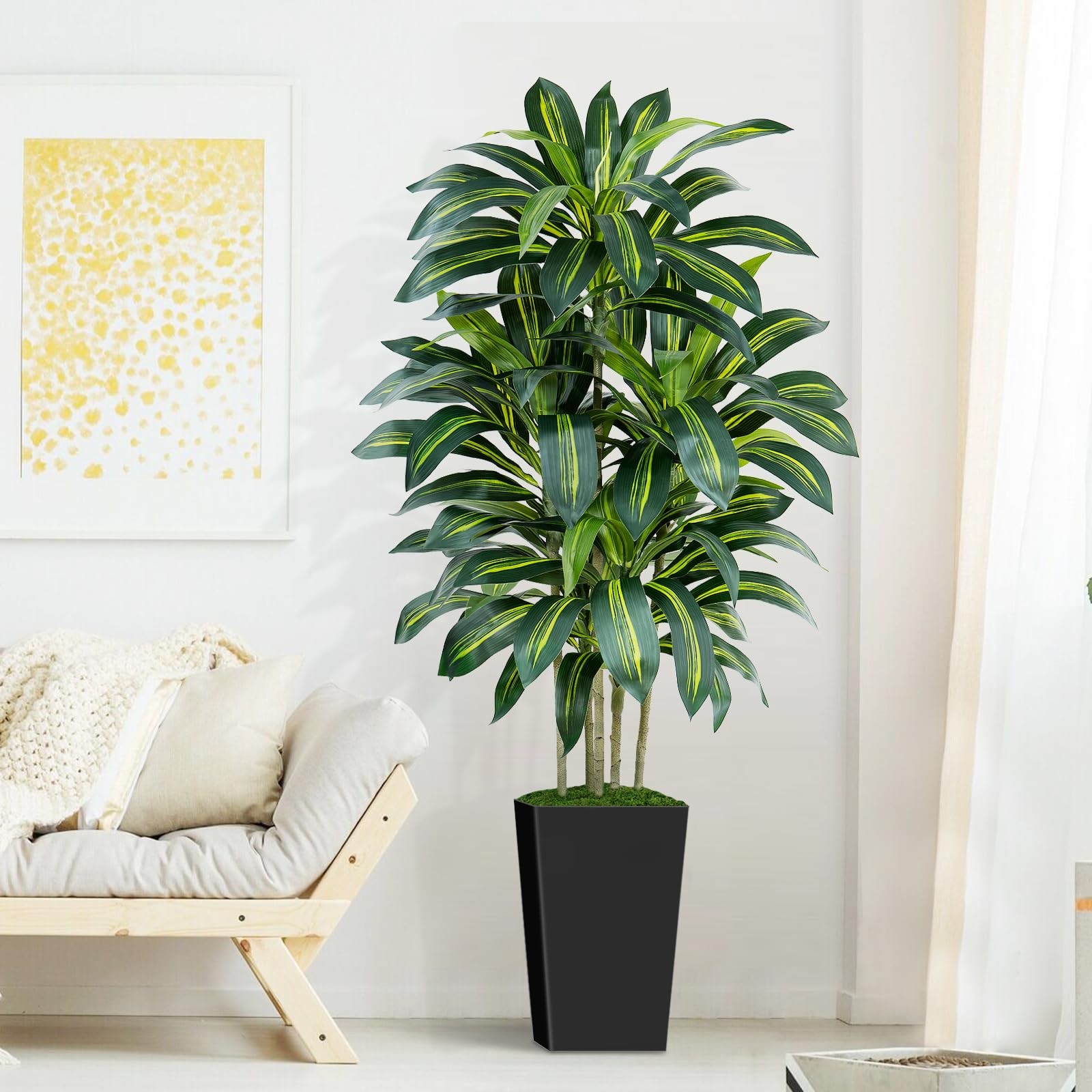 5FT Artificial Dracaena Tree – High-Density Foliage Fake Plant with Black Tal…