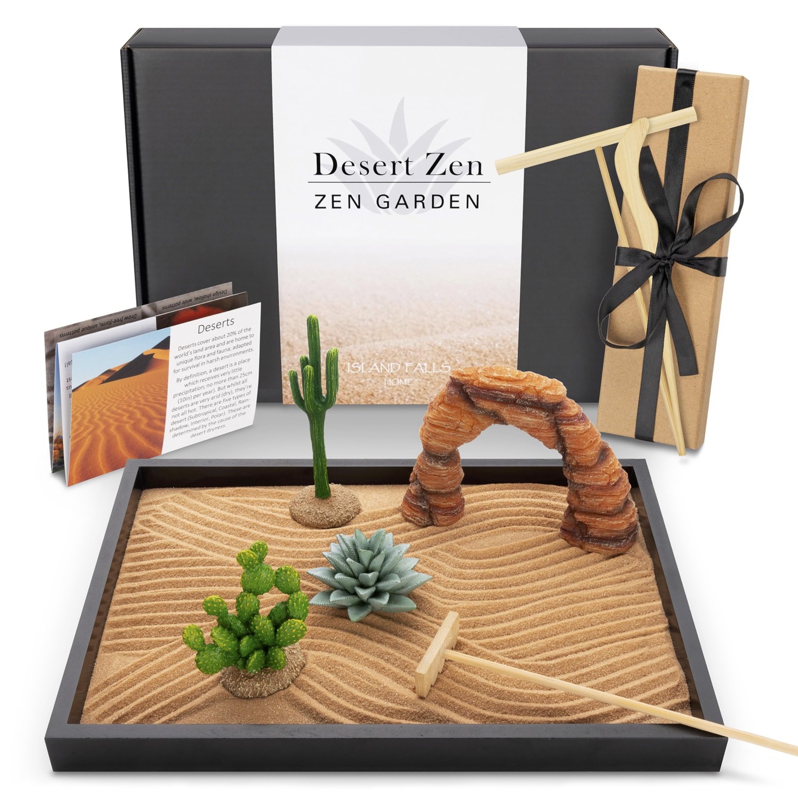 Desert Zen Garden Kit. Premium Home Cactus Decor. 11×8 Sand Tray. 4 Artificia…