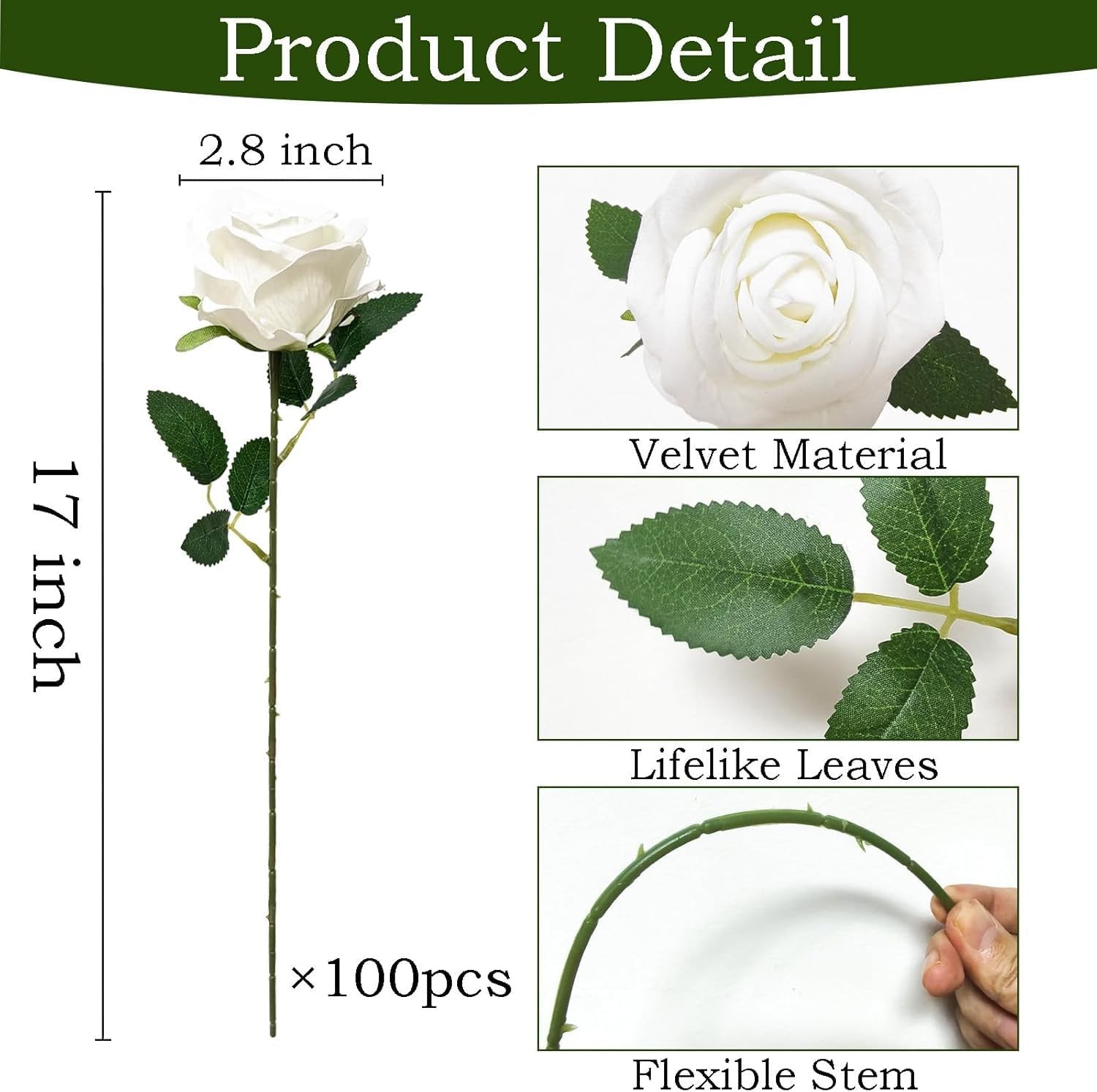 100 Pcs White Fake Roses Bulk Artificial Flowers Artificial Velvet Silk Roses