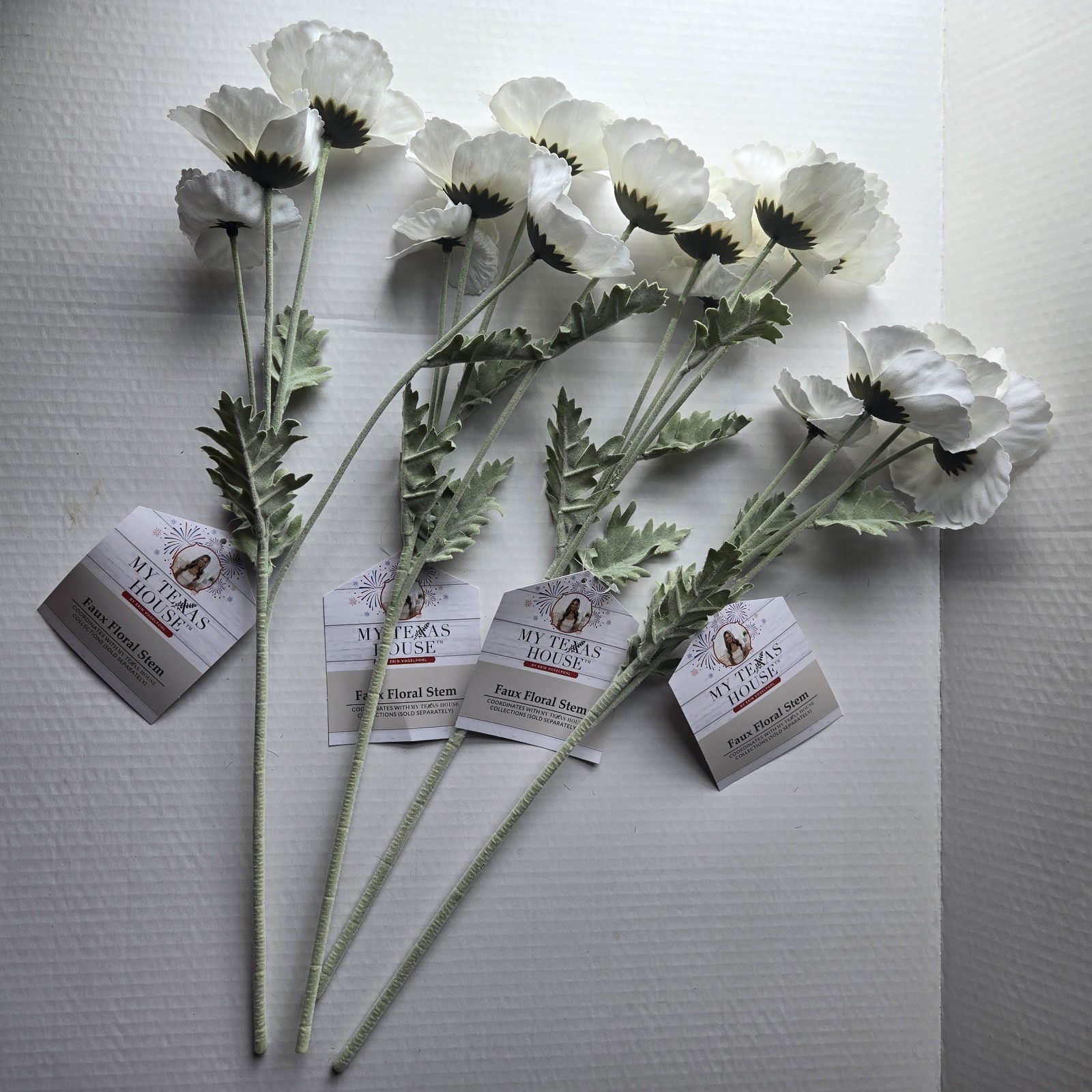My Texas House Floral Stems, 4 Faux White Poppies w/yellow centers, Artificial
