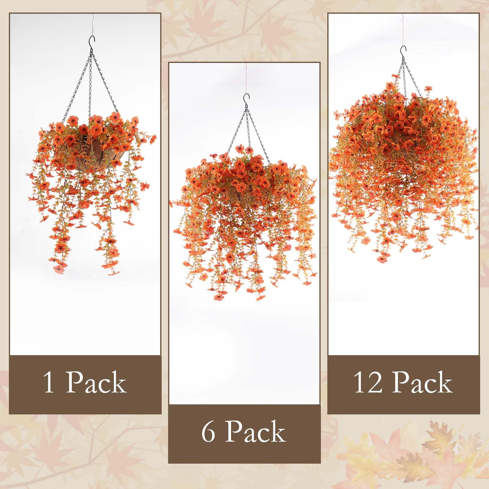 12 Pcs Artificial Hanging Mums Flowers Outdoor, Orange UV Resistant Fake Hang…