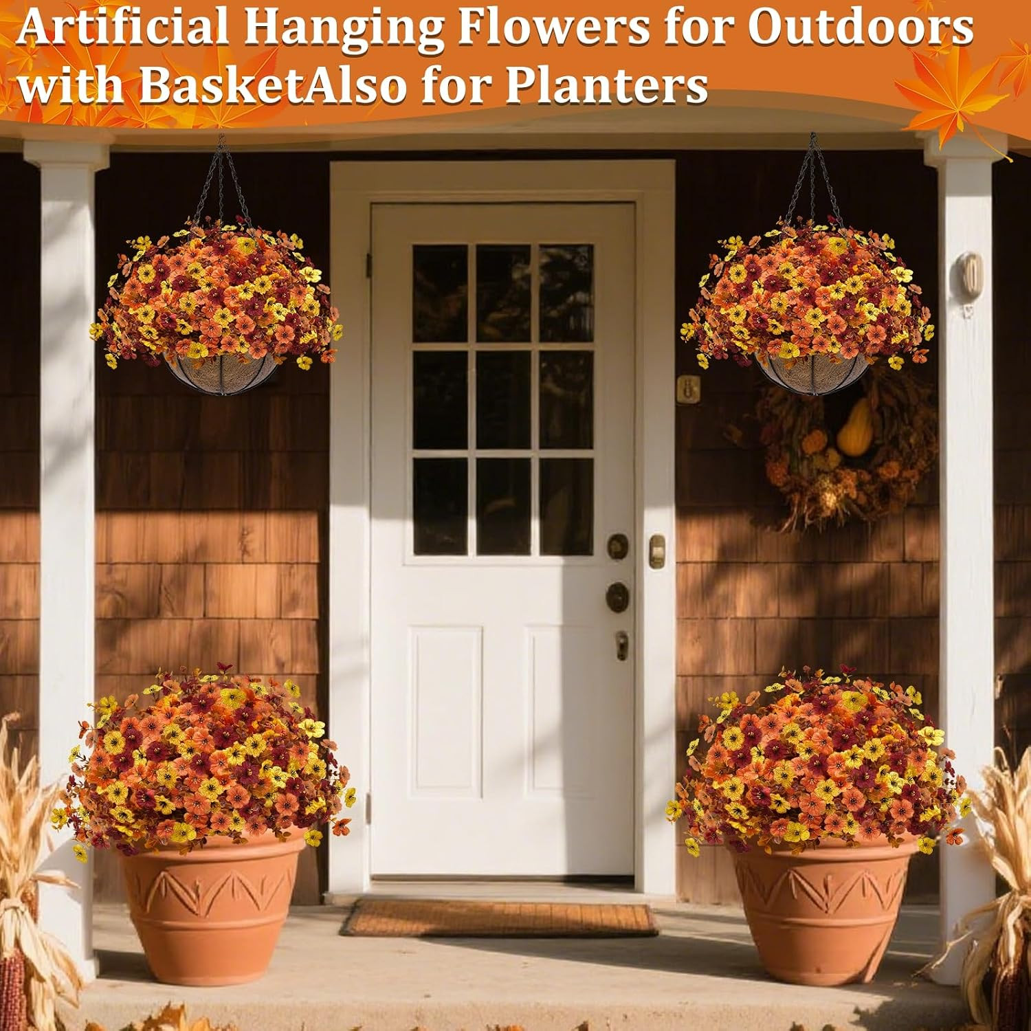 2 Sets UV Resistant Faux Silk Fall Mums for Autumn Outdoor Decor