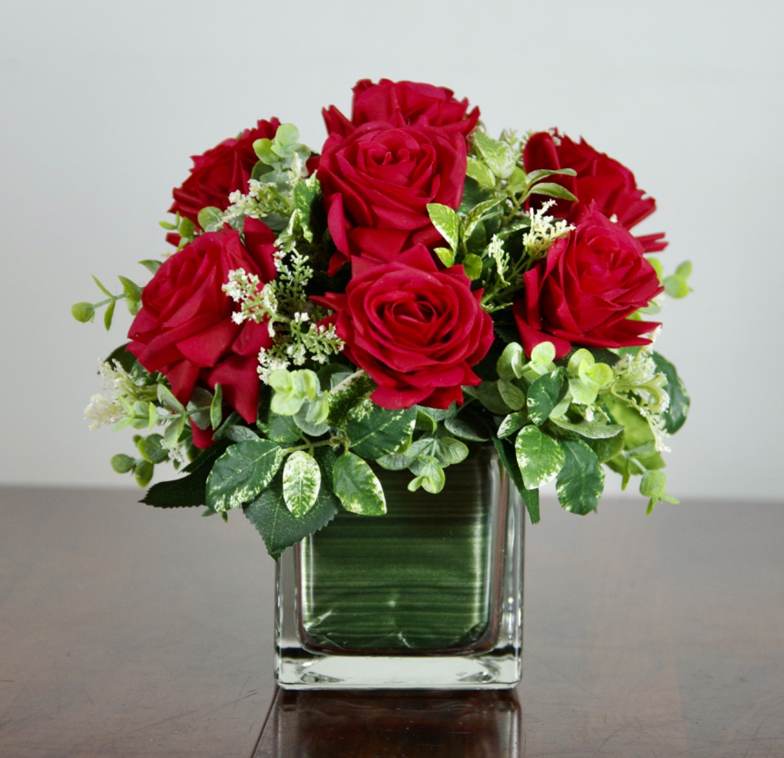 Silk Red Real Touch Roses and White Wildflowers in a Clear Cube Glass Vase