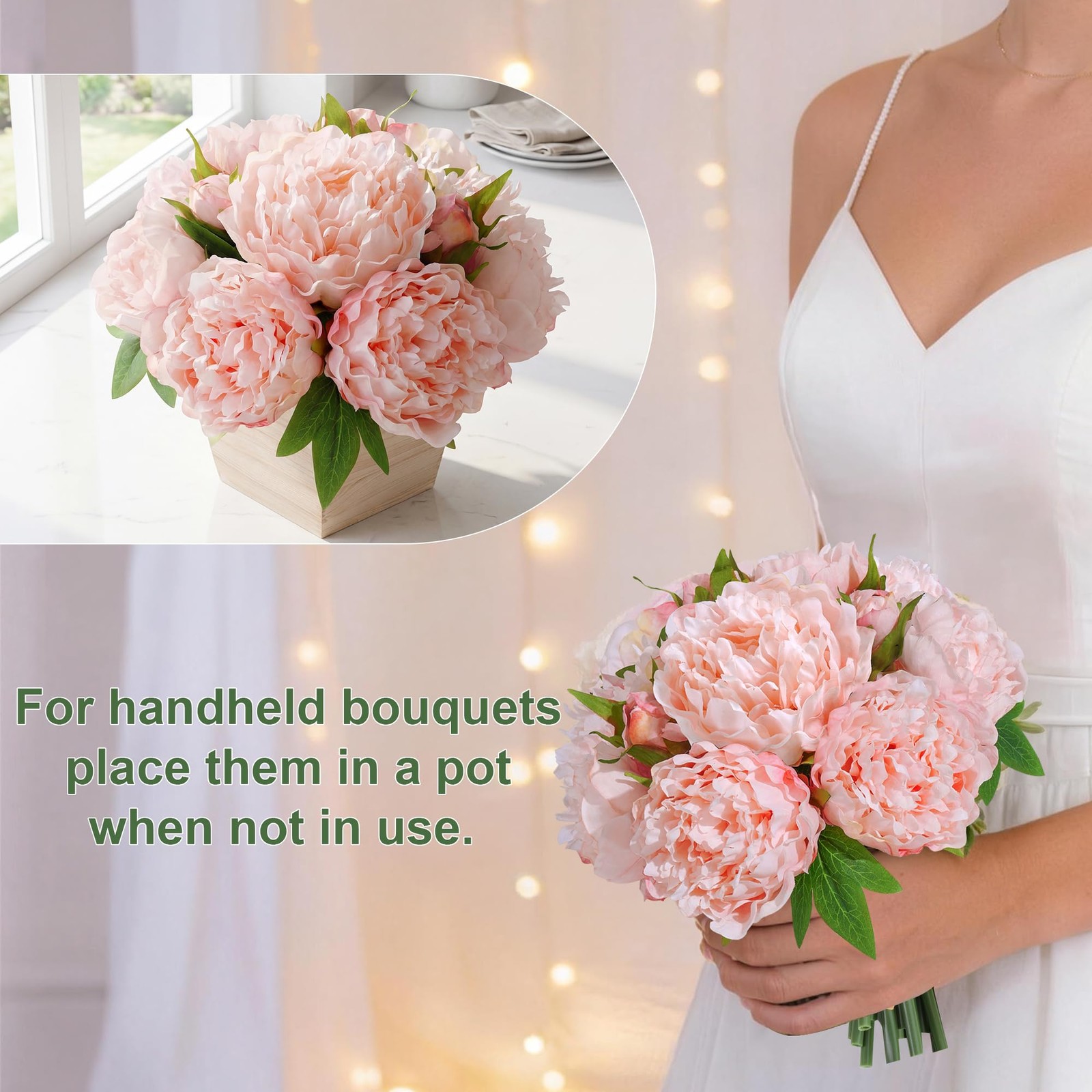 12 PCS Light Pink Artificial Peony Flowers Wood Planter Faux Silk Centerpiece