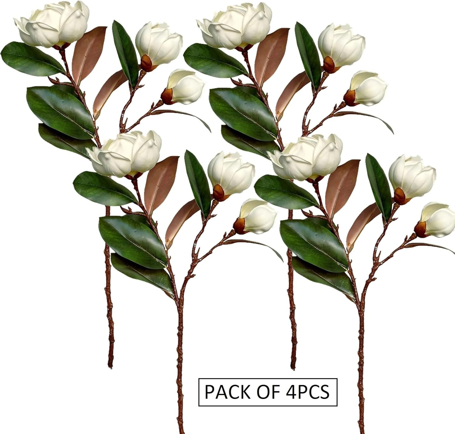 Lifelike White Magnolia Flower Branches – 4 Pack for Home Decor & Weddings