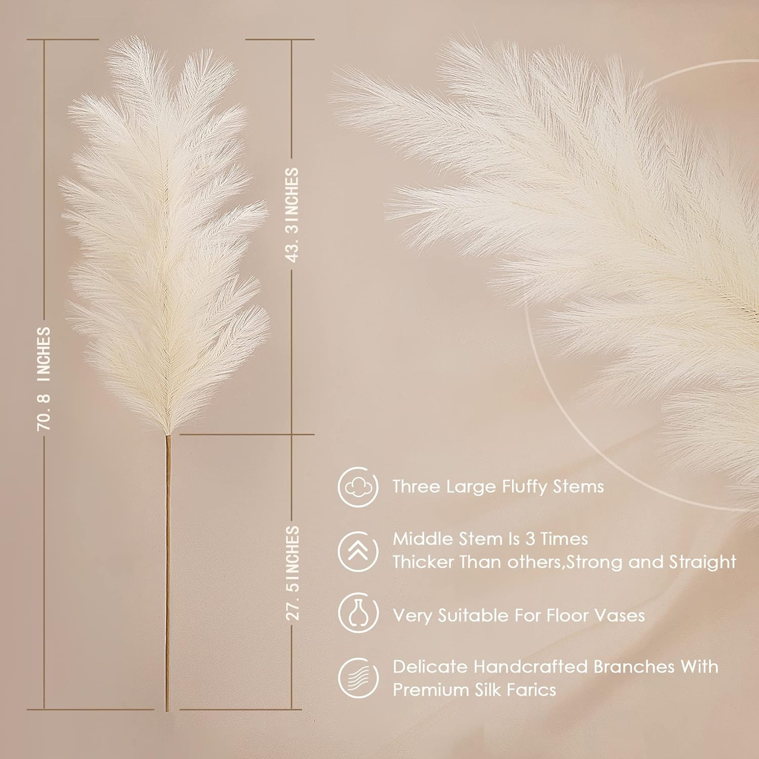 3Pcs 71″ Large Pampas Grass Decor, Tall Faux Fluffy Artificial Dried Pompous Gra