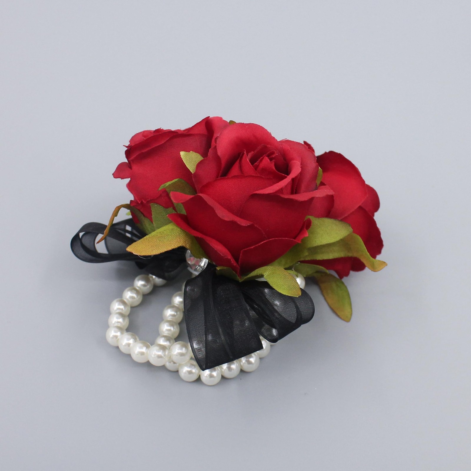 Prom Rose Corsage Boutonniere Set Real Touch Flowers Lace Bow Decor Red