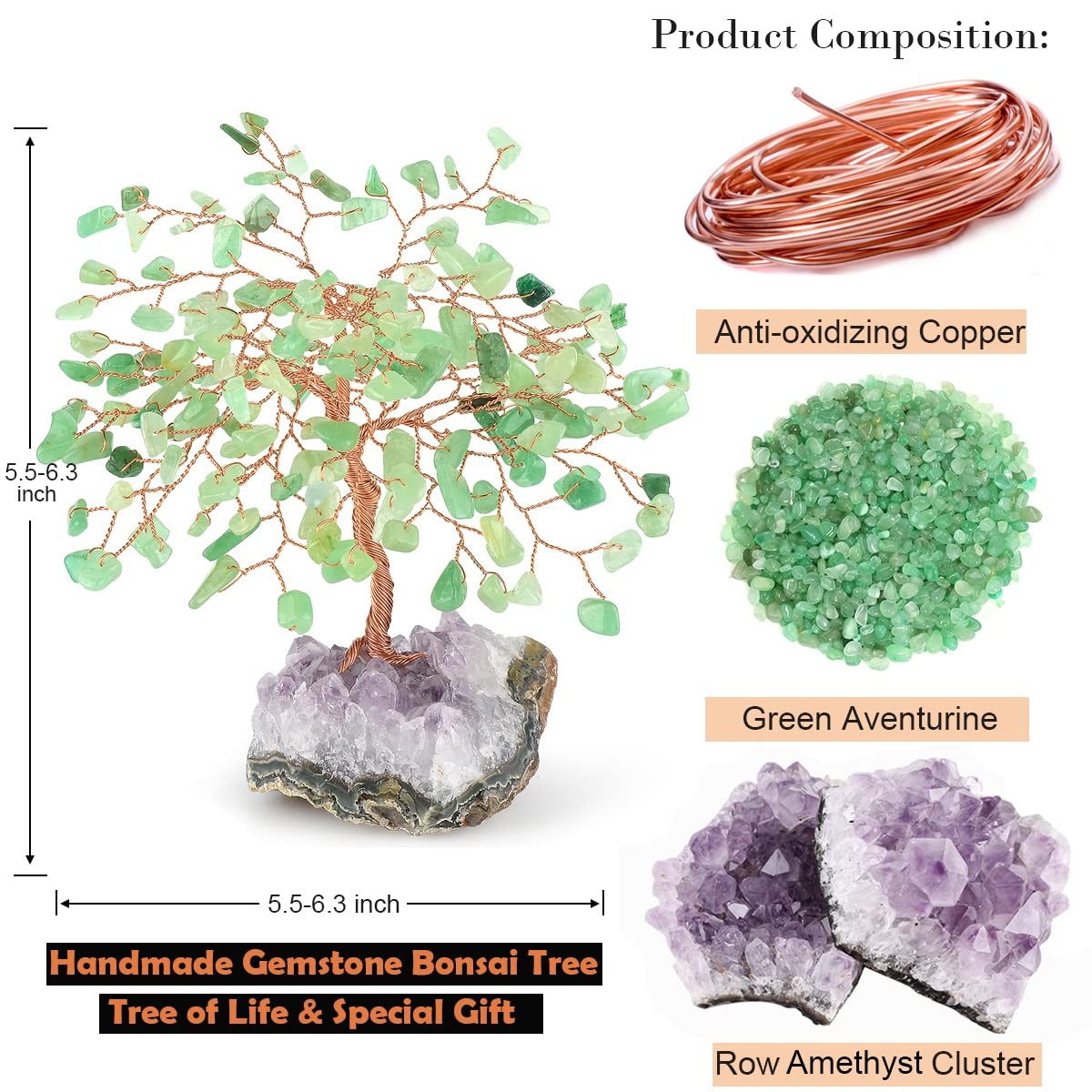 Gemstone Crystal Tree of Life,Natural Green Aventurine with Amethyst Cluster Bas