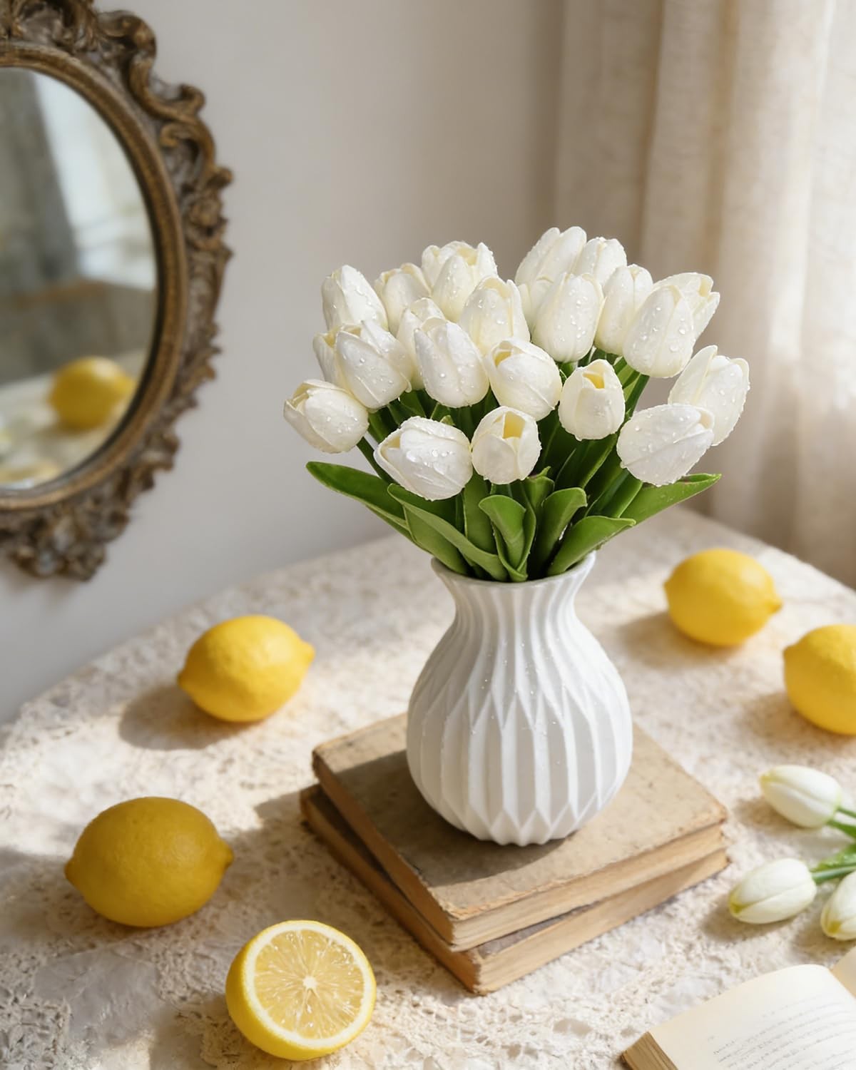25 Pcs White Tulips Artificial Flowers PU Fake Flowers Real Touch Tulips Flow…