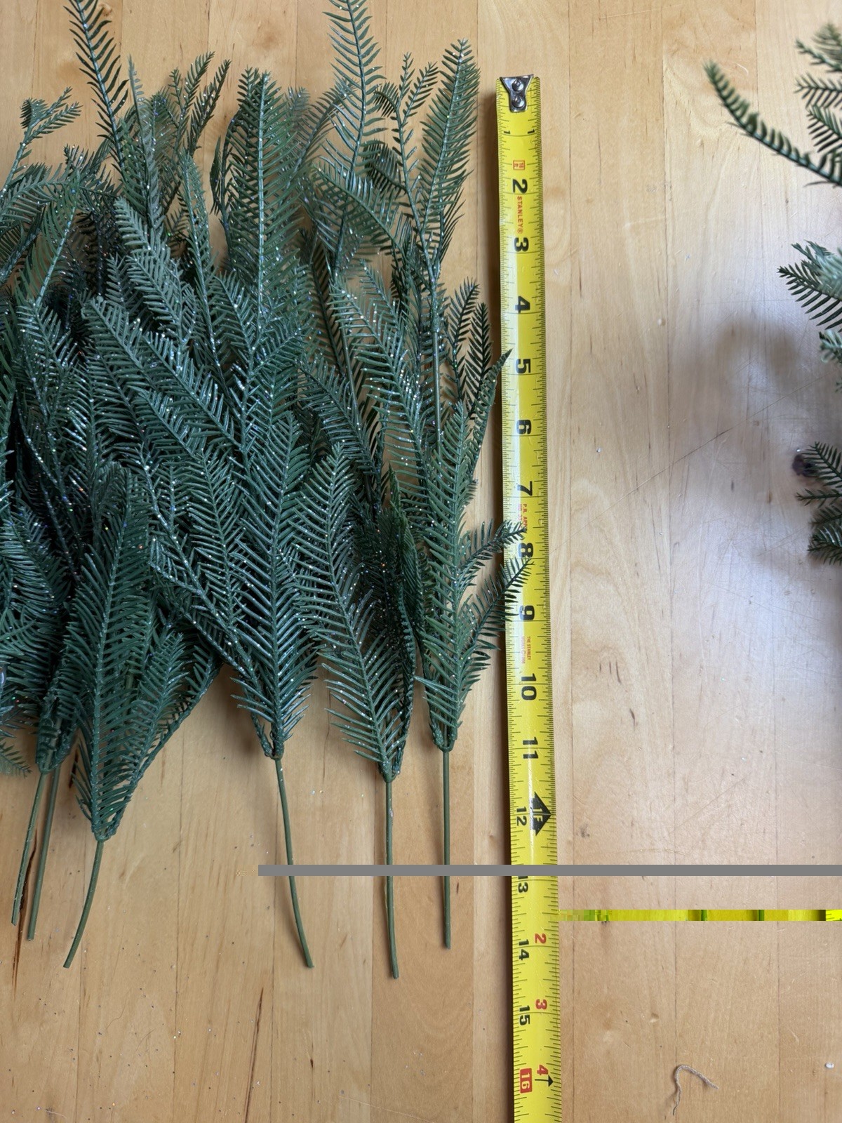 Lot of 17 Glittered Artificial Pine Branches – 1 Full Bush Stem + 16 Sprigs