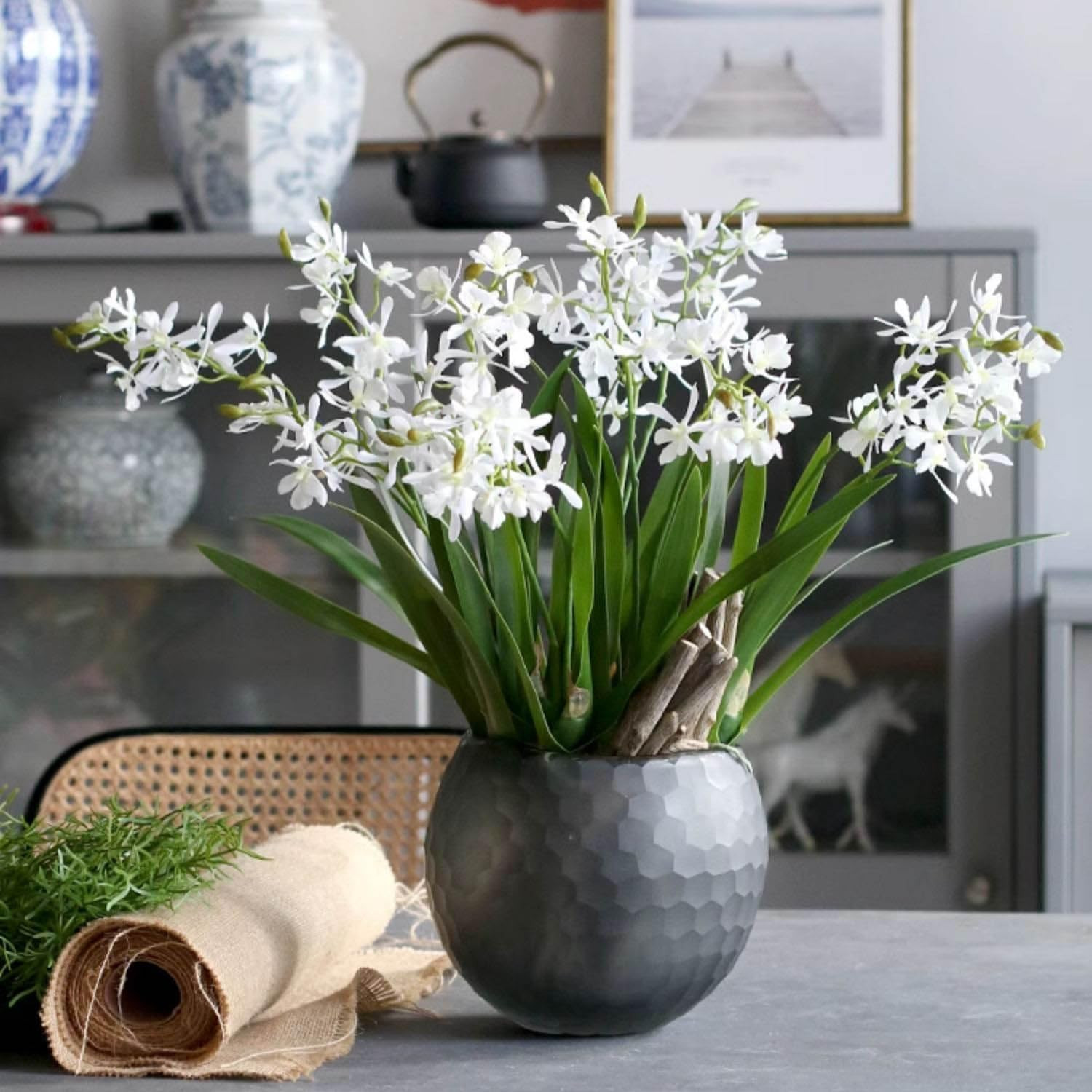 Realistic 3Pcs White Cymbidium Orchid Silk Flowers for Home Decor Centerpieces