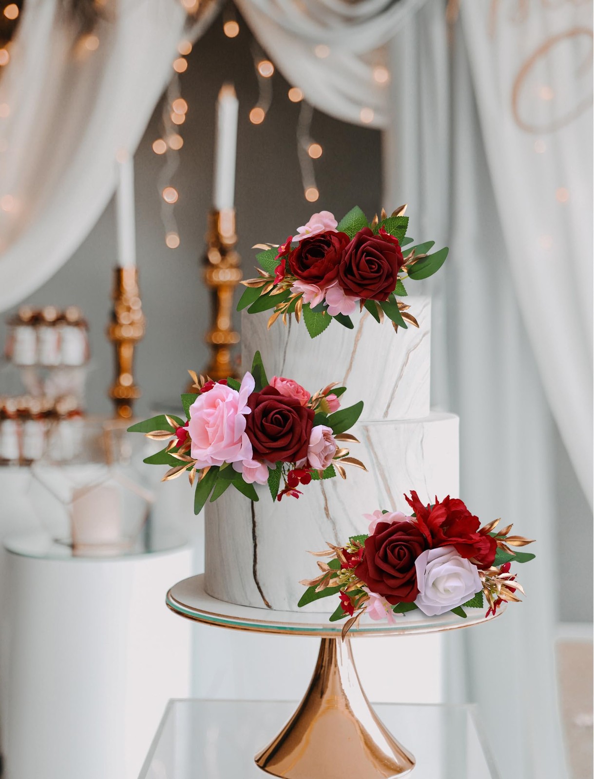 3 PCS Burgundy Red Wedding Cake Topper Set Artificial Flowers Anniversary