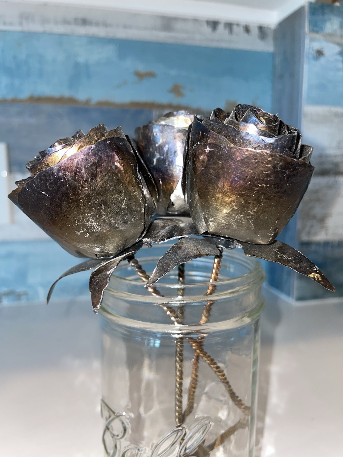 3 Handmade Forged Metal Roses Steel