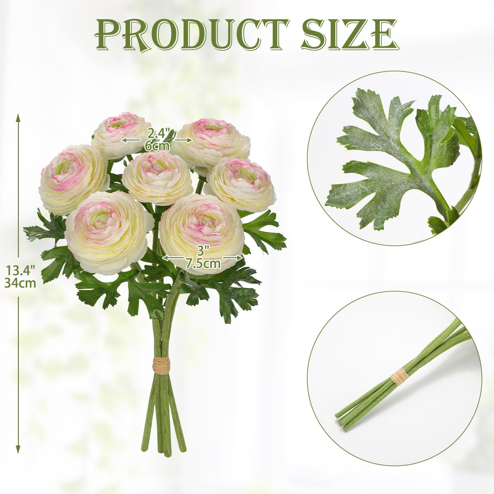 7 Heads White Artificial Ranunculus Small Silk Flowers Faux Floral Centerpiece