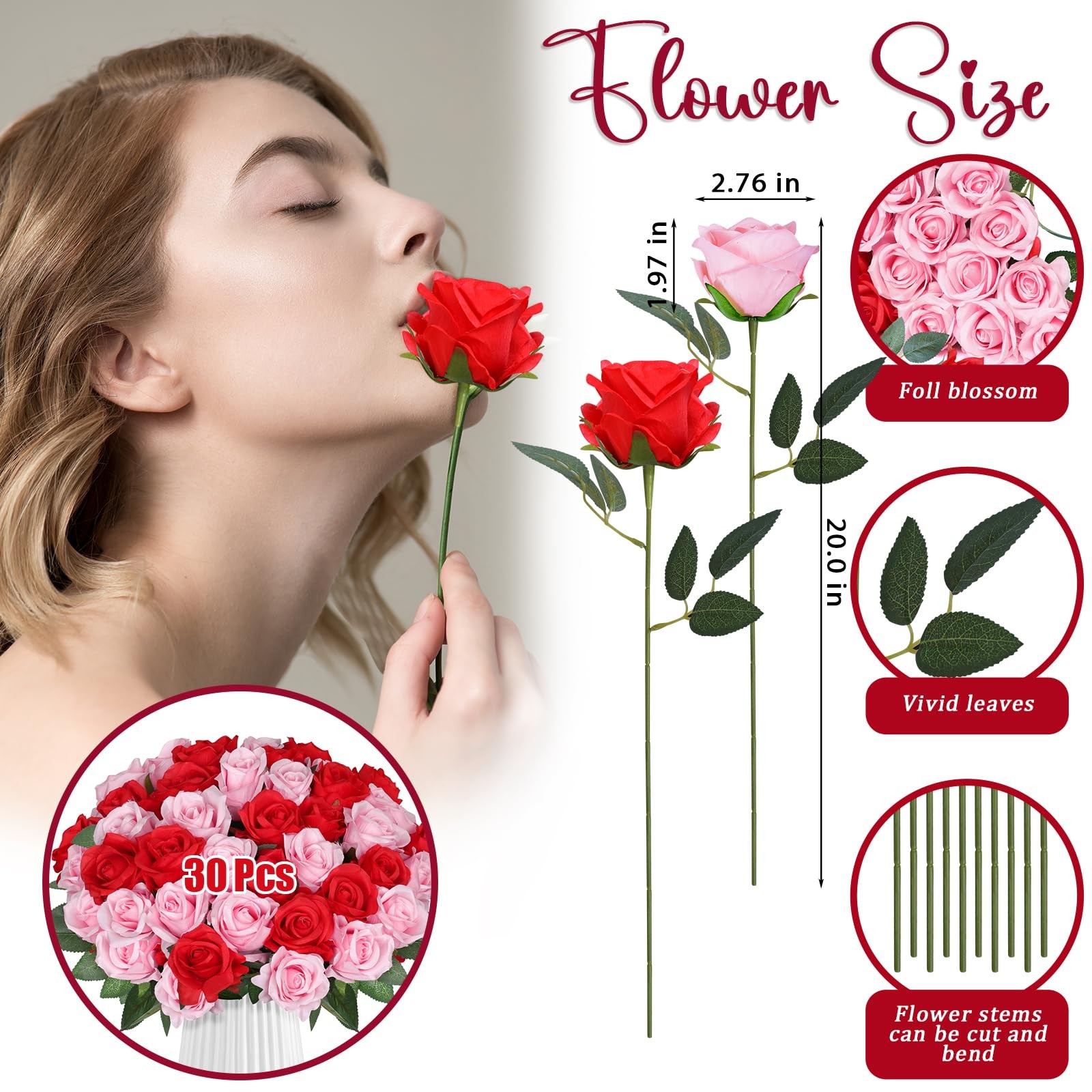 30 PCS Red Pink Artificial Silk Faux Roses For Wedding Centerpieces Home Decor