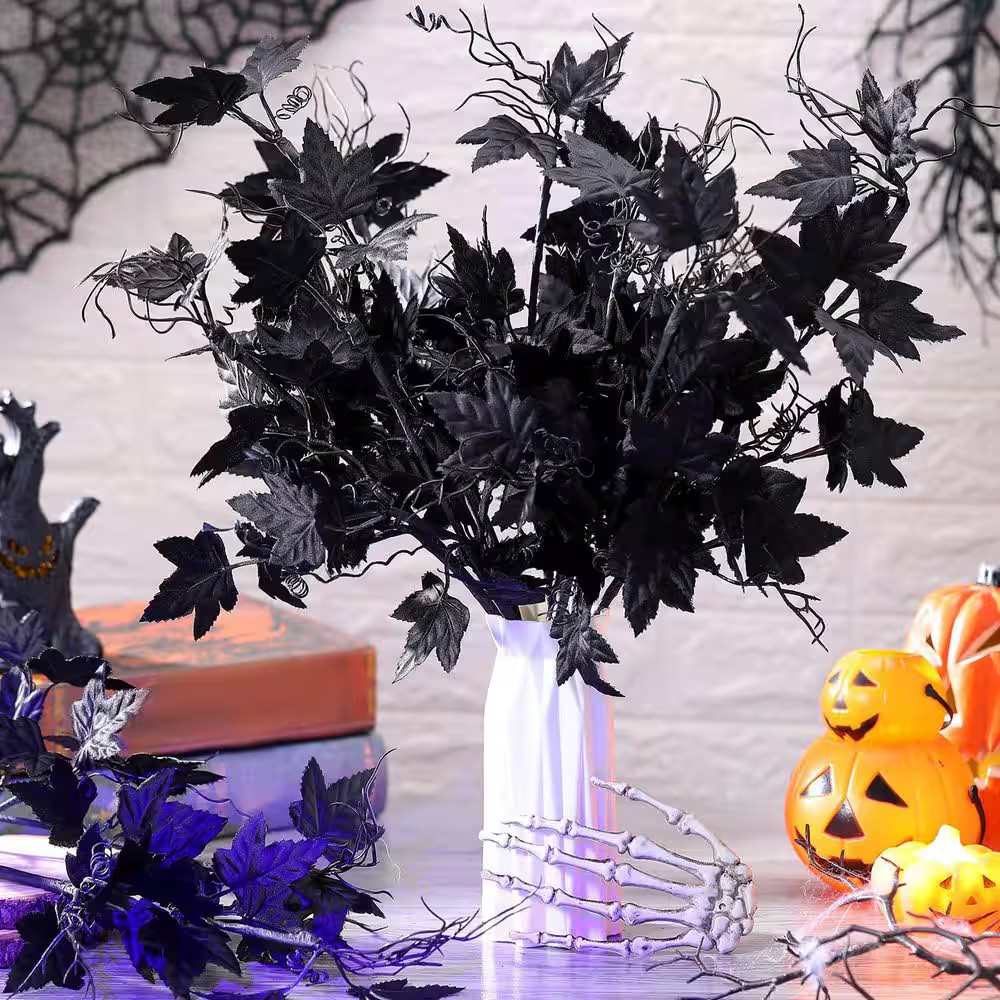 12 Pcs 19.7 In. Black Artificial Maple Leaf Branch Stem Halloween Gothic Floral