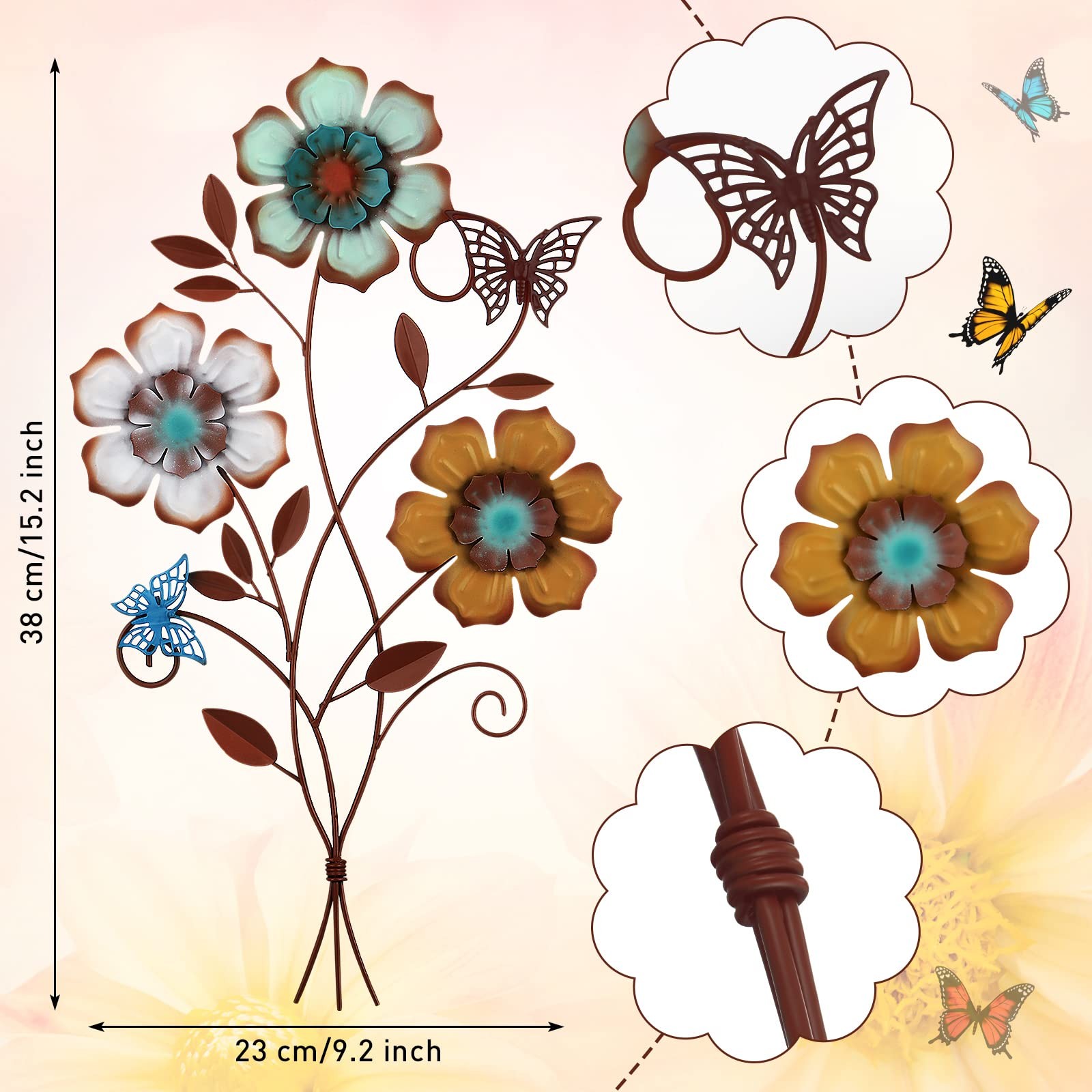 Moxweyeni Tricolor Flower Wall Decor Vintage 15.6″L x 10.6″W, Multicolor