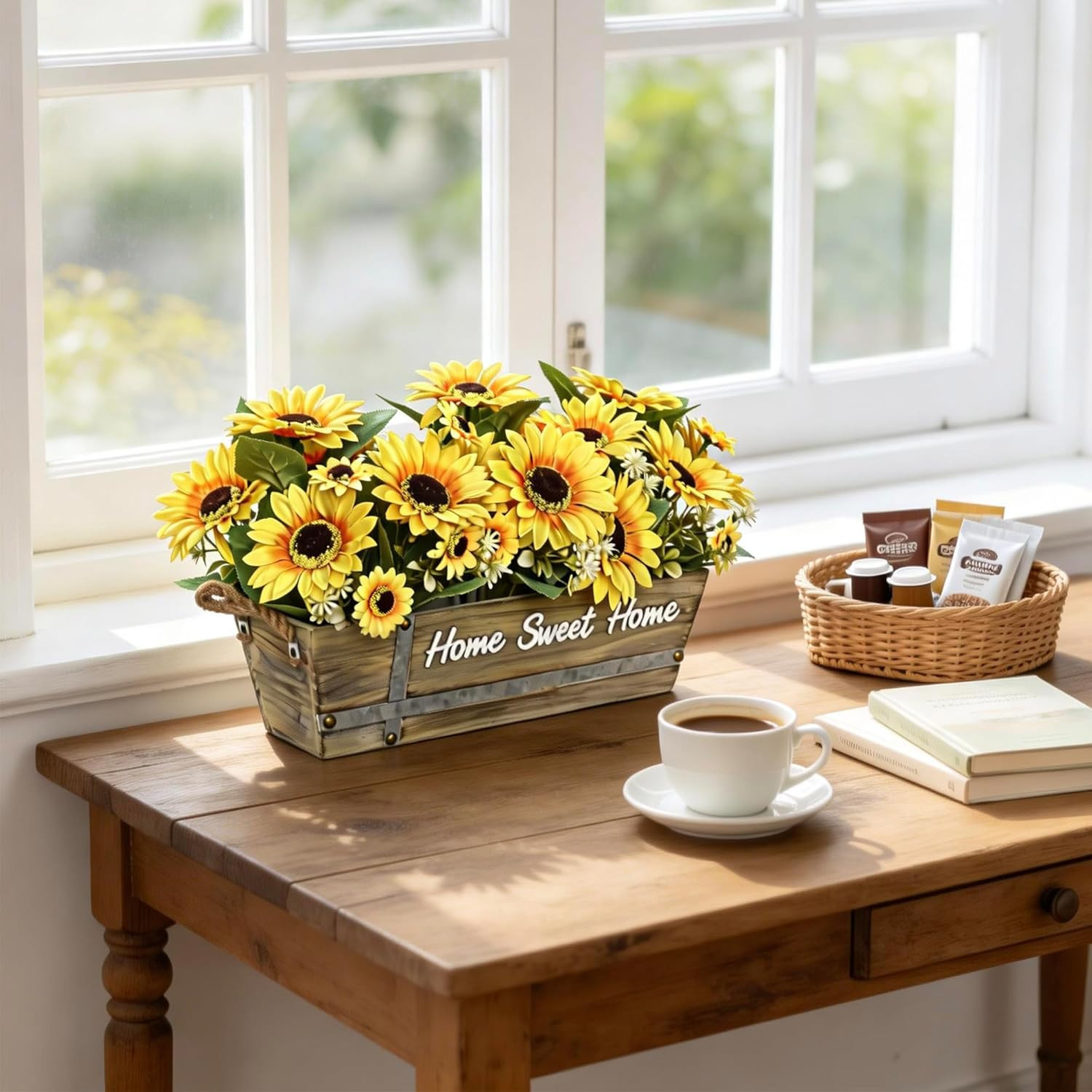 Artificial Sunflower Arrangement in Rustic Wood Box with “Home Sweet Home” Sign,