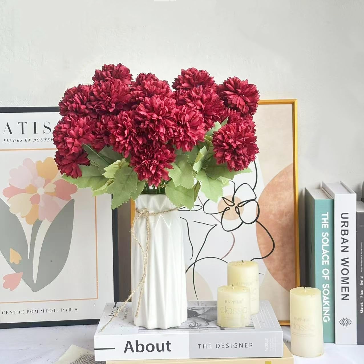 6 PCS Burgundy Artificial Silk Ball Chrysanthemum Bouquet Floral Decor