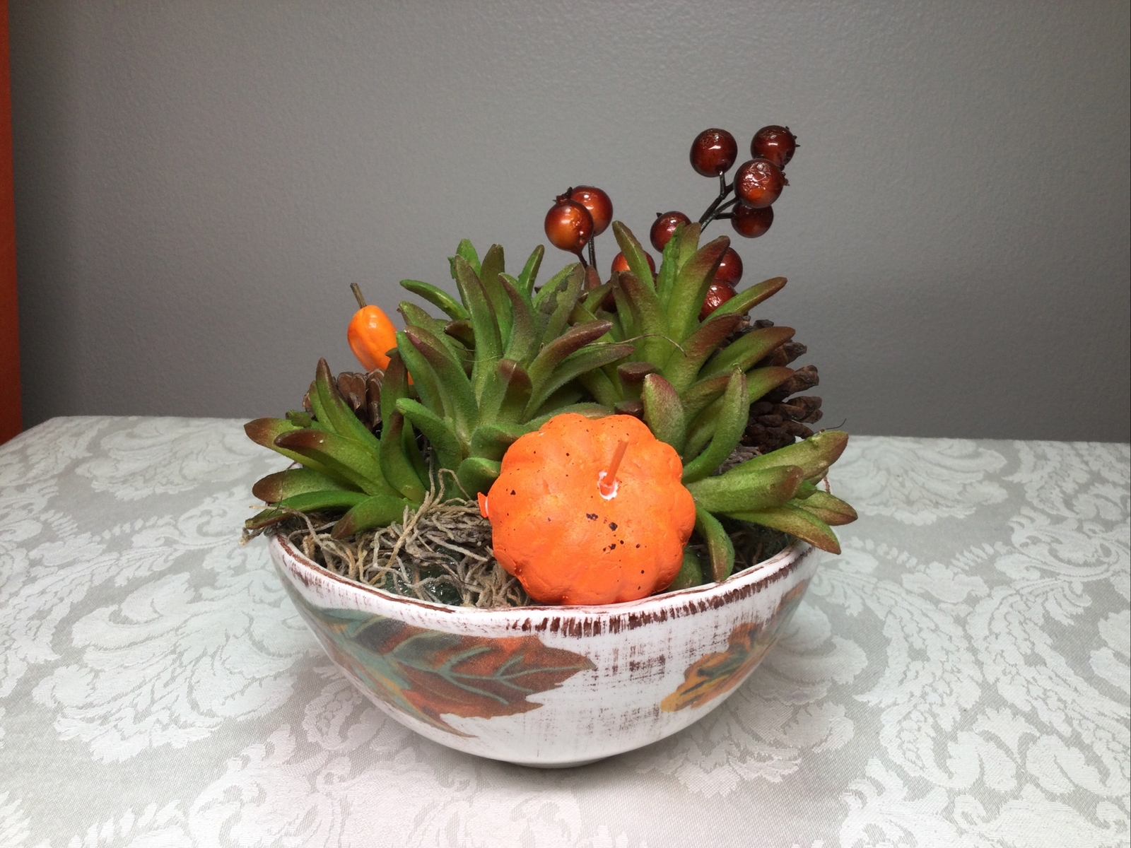 Floral Faux Succulent Arrangement Tuscan Bowl Centerpiece Fall Autumn Decor