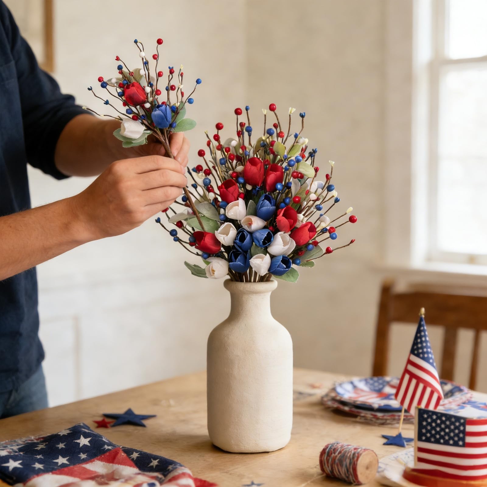 6 Pcs Patriotic Floral Stems with Sage Lamb’s Ear, Red White Blue Berries & T…