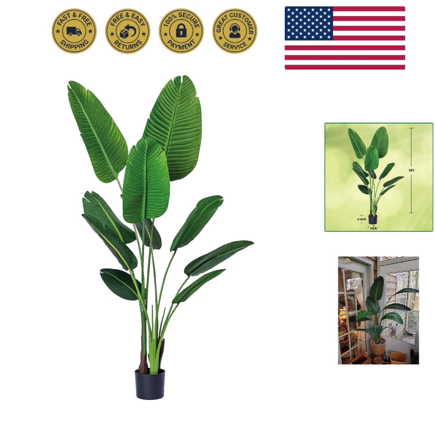 One 5 Foot Artificial Silk Bird of Paradise Palm Tree Potted Plant by Bagari