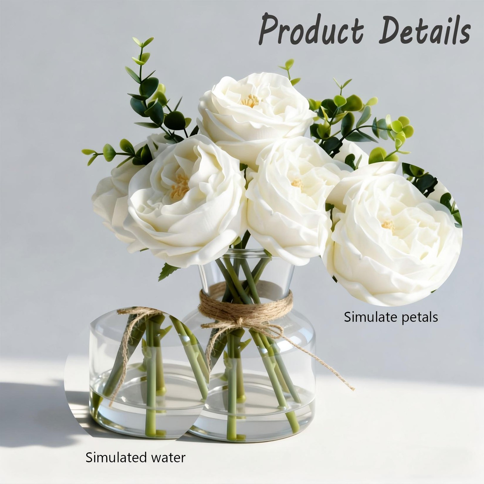 Elegant White Artificial Roses in Vase w/ Faux Water Lifelike Flower for Wedding