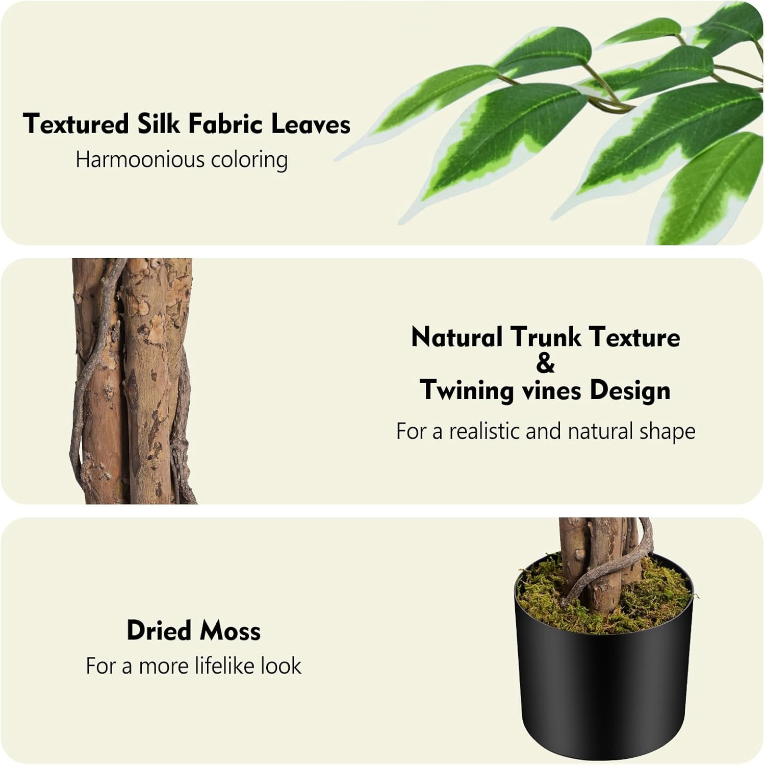 6.2Ft Lifelike Ficus Artificial Tree with 3 Curved Trunks for Home Decor