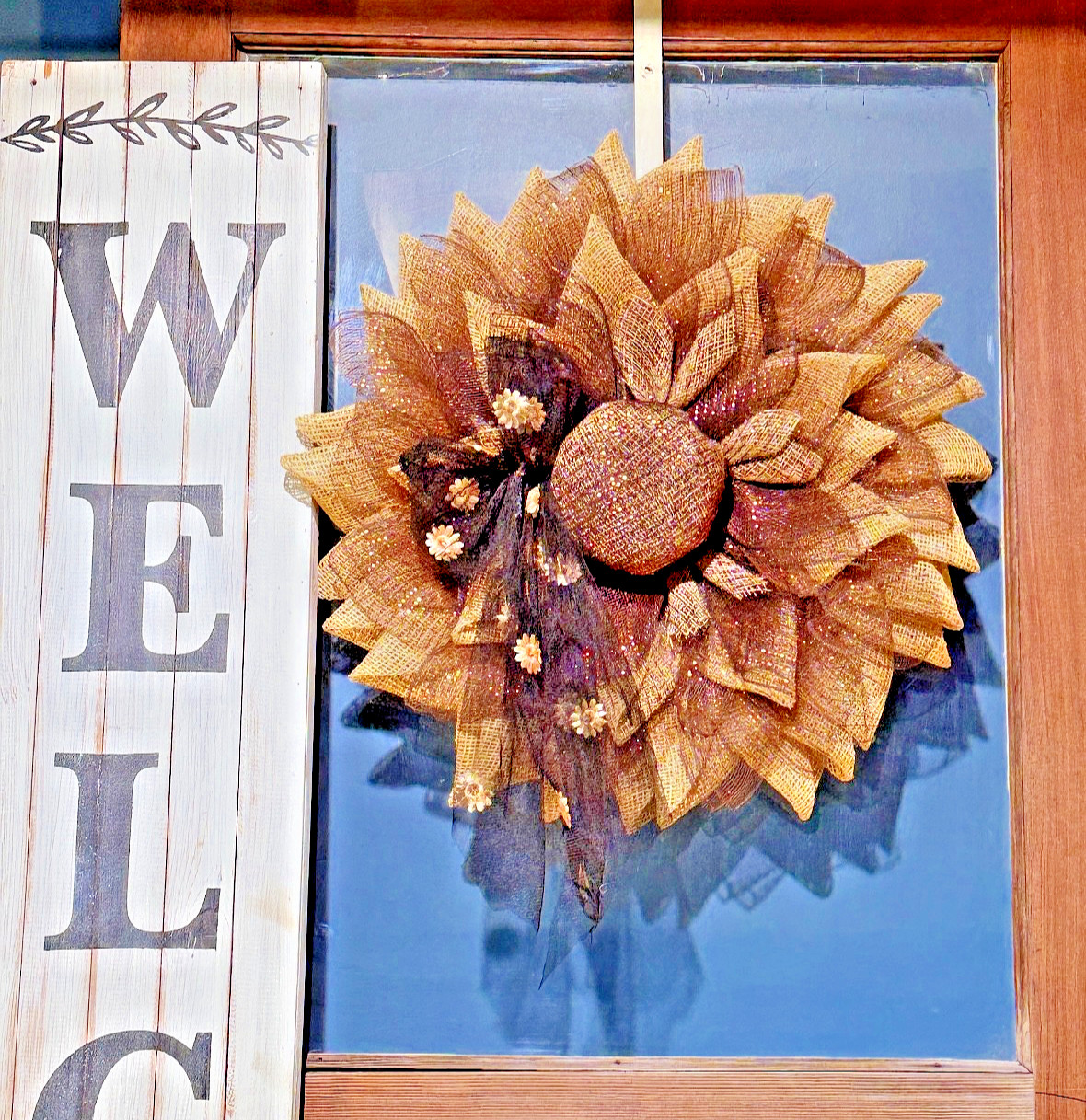 Farmhouse Burlap Sunflower Wreath – Handmade Rustic Sunflower – Fall Wreath