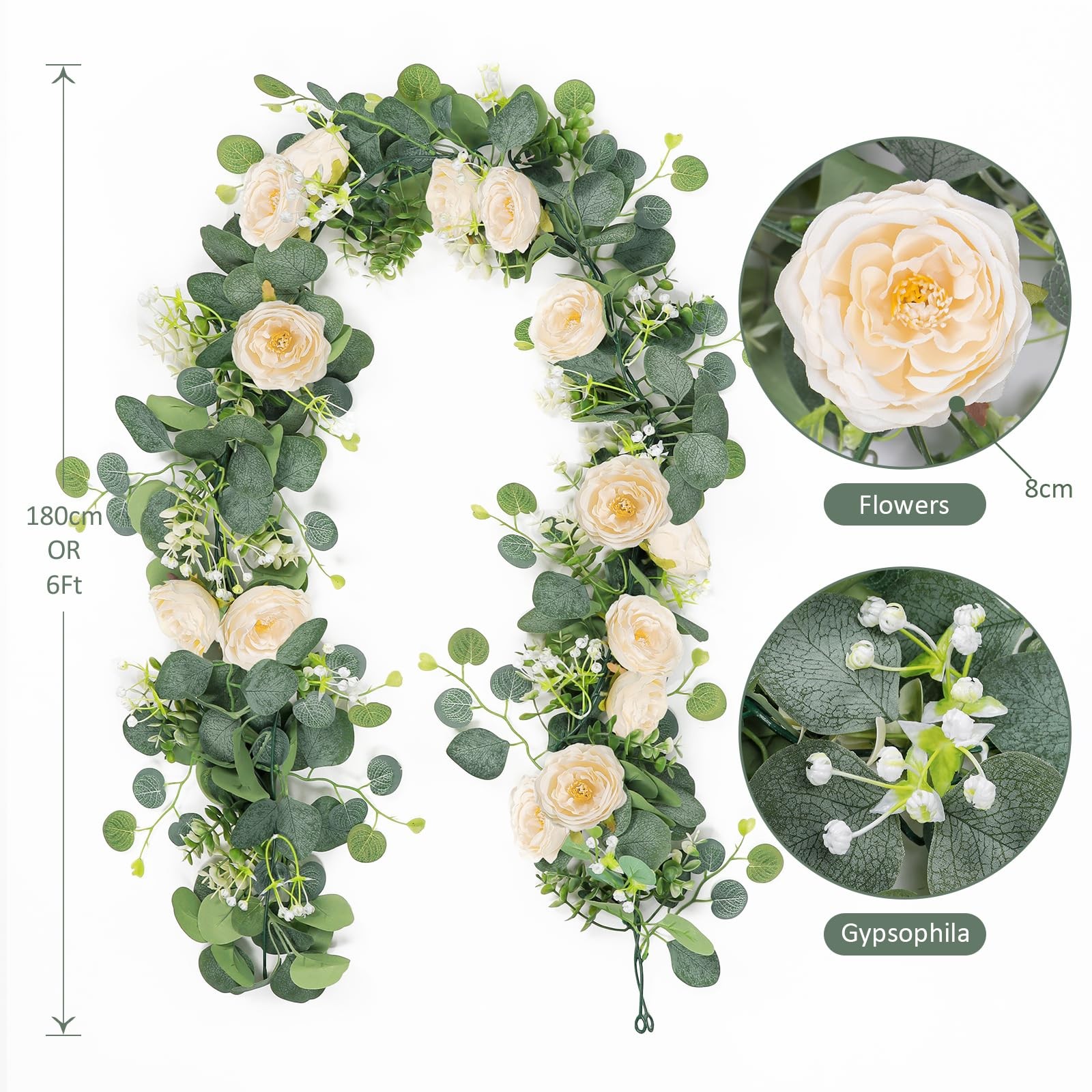 4 Pack 24Ft Artificial Eucalyptus Flower Garland with Champagne Roses, Fake R…