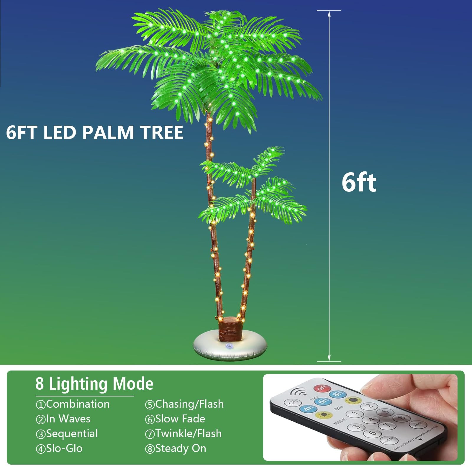 6FT Solar Palm Tree 2 Trunks 8 Modes Remote IP65 Outdoor Decor