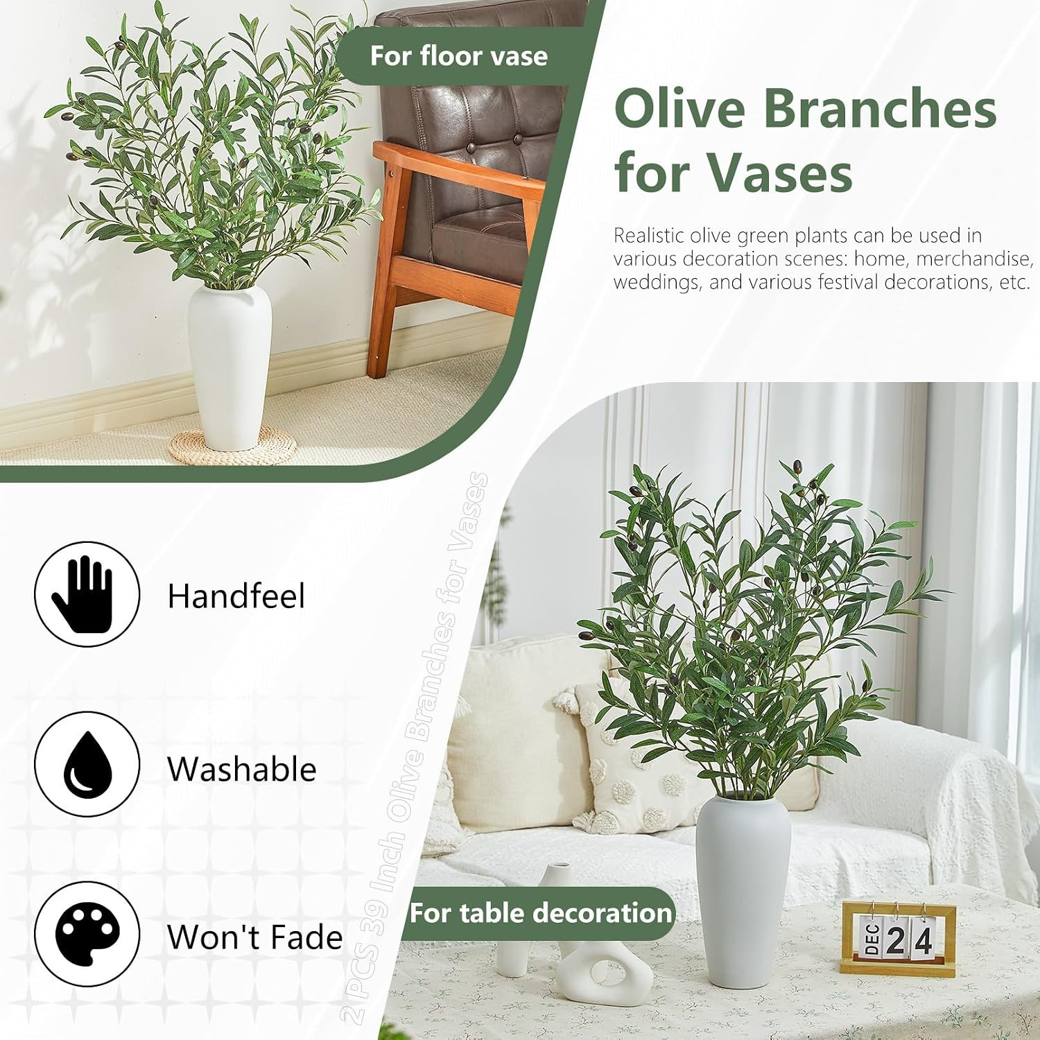2 PCS 39 Inch Faux Olive Branches Artificial Flowers Greenery Stems | Olive Tree