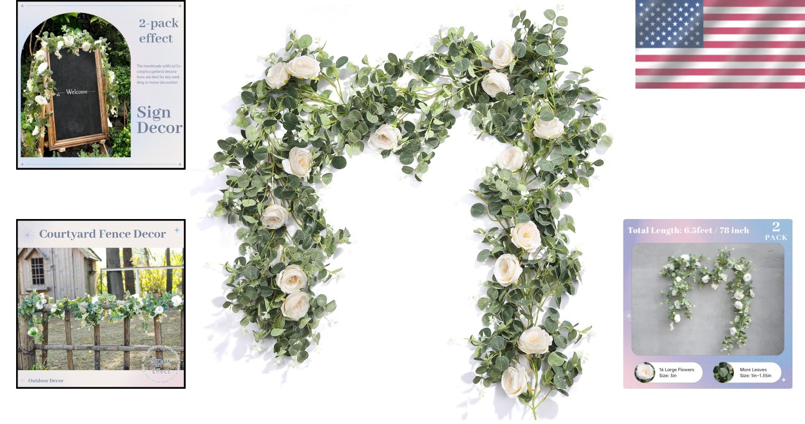 Versatile 2Pcs Artificial Eucalyptus Vine with White Roses – DIY Wedding Decor